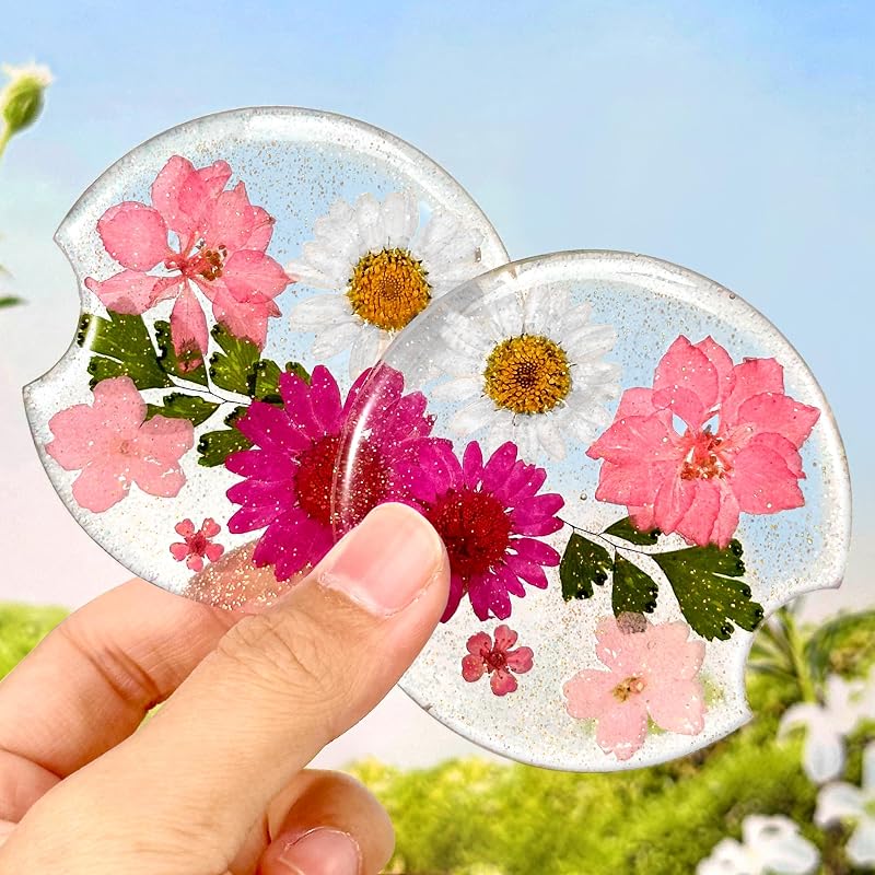 Porta-Copos para Carro com Flores Secas em Resina Transparente Rosa Swooflia 7 cm Kit com 2