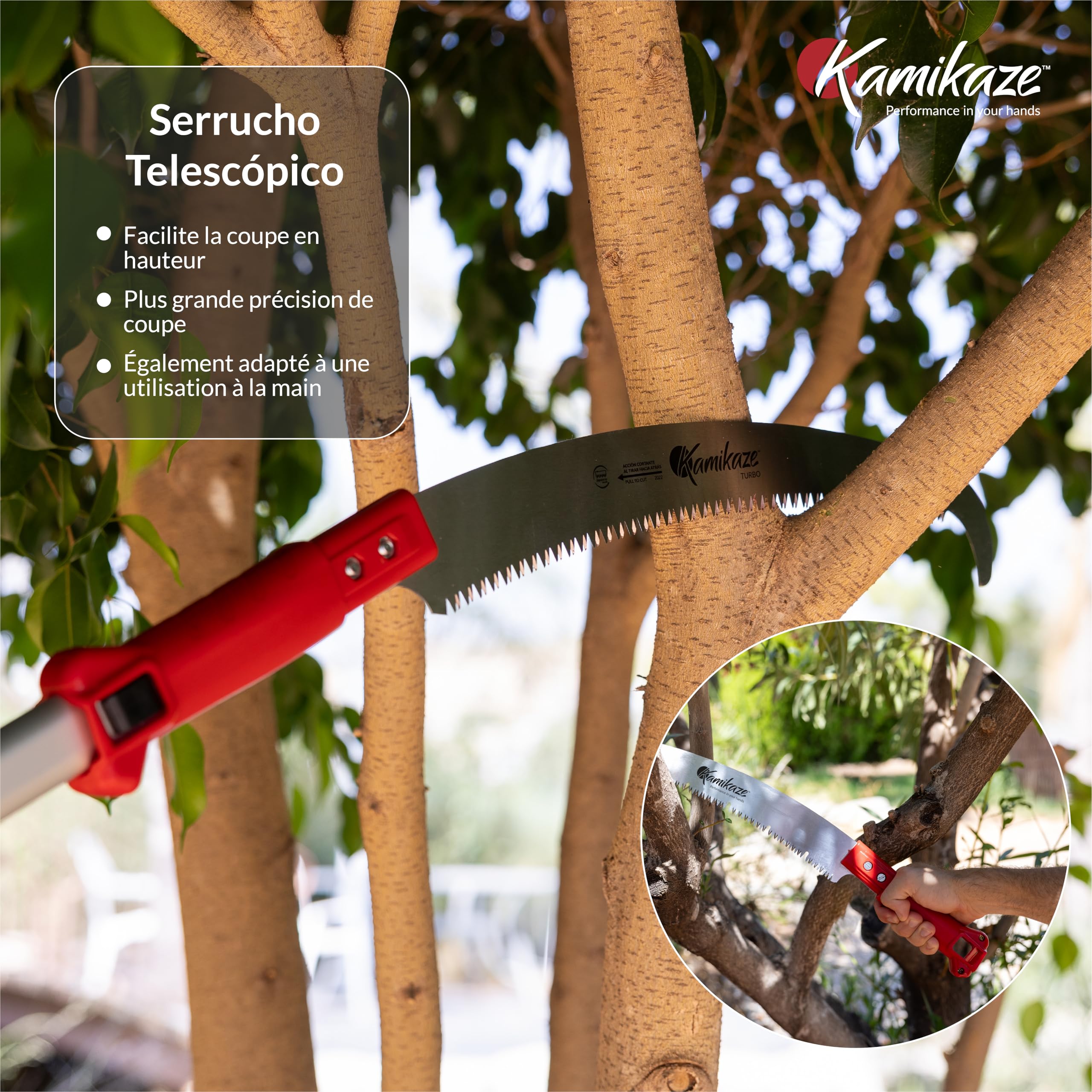 KAMIKAZE Scie multi-tool MT-330 Lame incurvée de 33 cm Coupe japonaise Manche en polyamide rouge Idéal pour l'élagage des branches et l'aménagement paysager