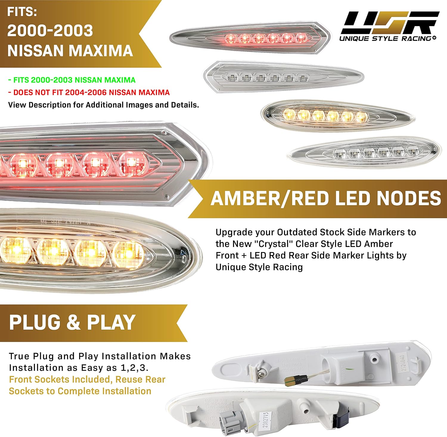 USR DEPO 00-03 Maxima Side Marker Lights - Front Amber + Rear Red LED Bumper Sidemarkers Lamps (Left + Right) Compatible with 2000-2003 Nissan Maxima (Clear Lens, Plug and Play 4 Pieces Set)