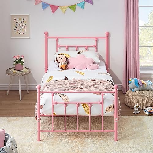 Miniatura 4 de VECELO Base de cama de plataforma de metal tamaño individual con cabecera y estribo, soporte de listones de alta resistenciano necesita somier,