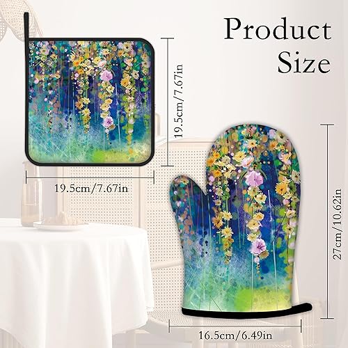 Miniatura 4 de Guantes de cocina abstractos florales para acuarela, guantes de cocina y soportes para ollas de cocina, juego de 2 piezas, almohadilla resistente al