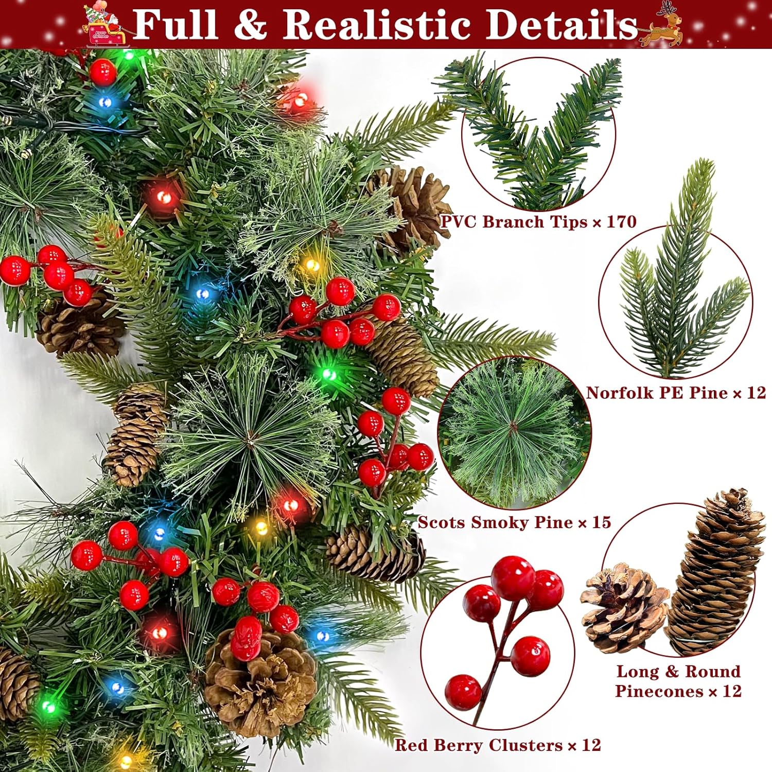 24 Inch Lighted Christmas Wreaths for Front Door, Christmas Wreath Outdoor with Pinecones Berried 50 Warm White & Multicolor Lights 8 Modes Timer Norfolk Pine Wreath Xmas Wreaths for Home Wall Window