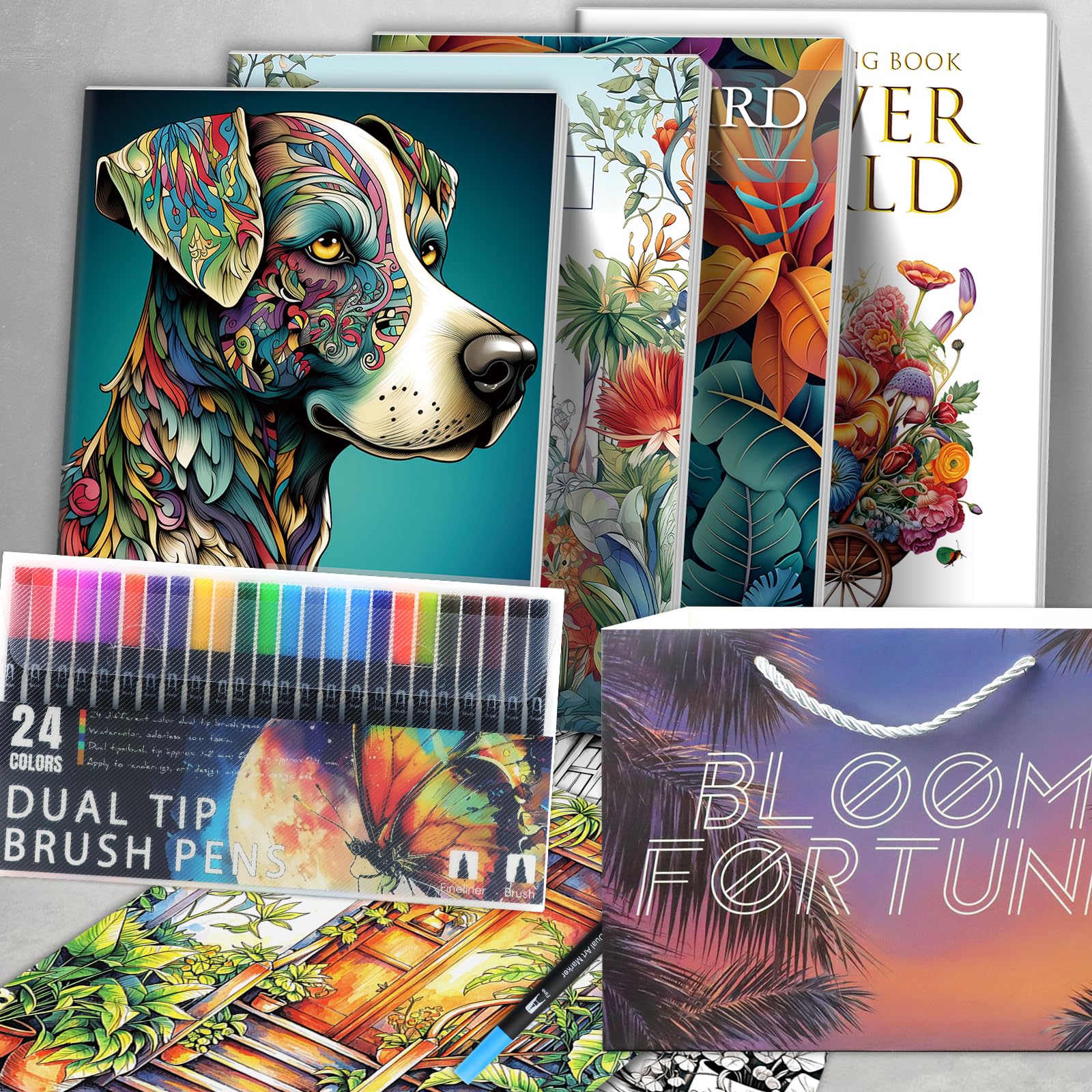 apolyone Livre de coloriage pour adultes, lot de 4 livres de coloriage avec 24 stylos pinceaux à double pointe pour soulager le stress et l'anxiété, 128 images, animaux, fleurs, style jardin, cadeau