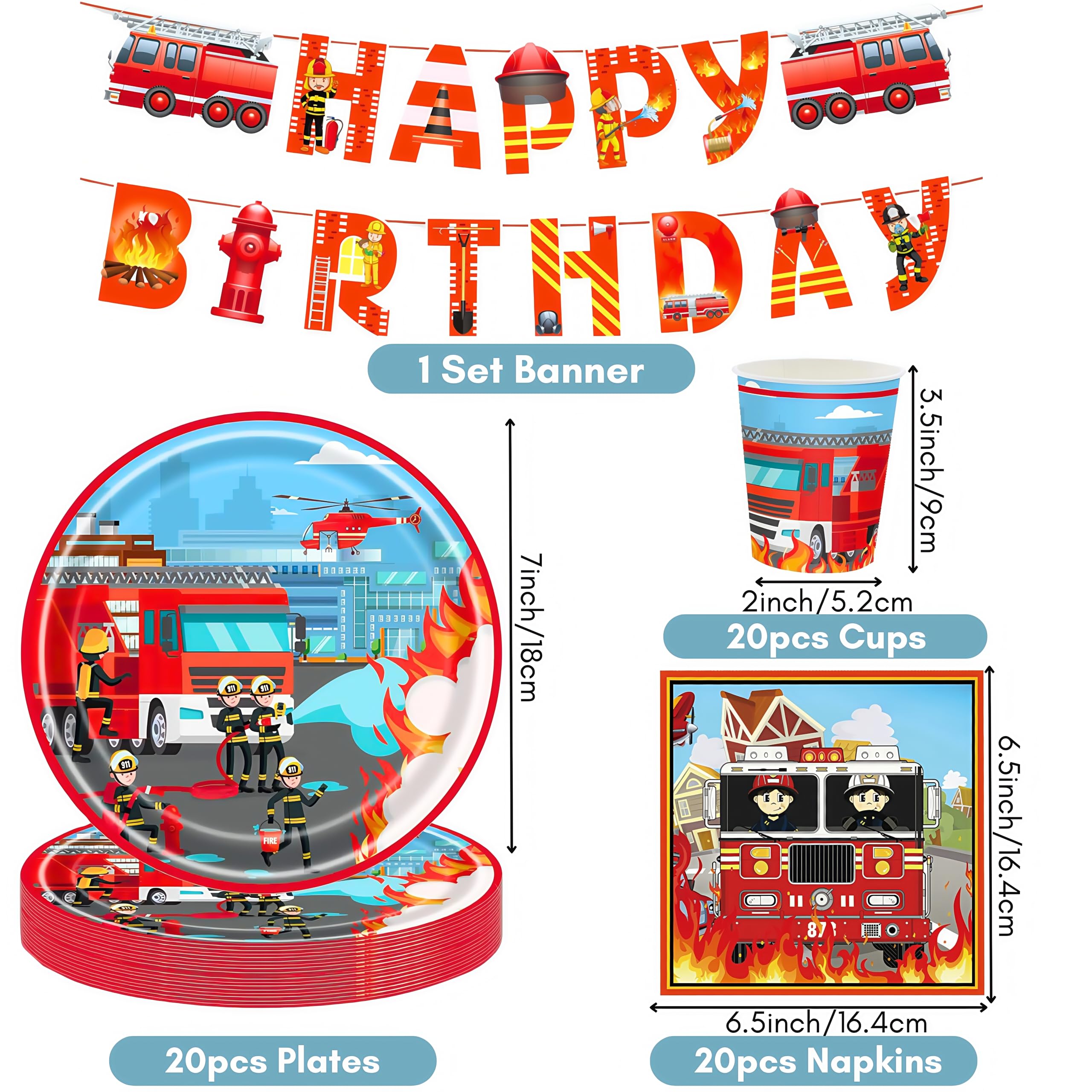 Set De Vajilla Y Decoración Cumpleaños Tema Bomberos - 70 Piezas, Incluye Platos, Servilletas, Globos Y Banner