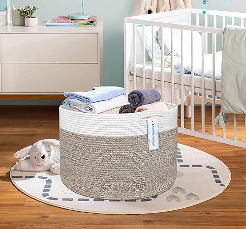 Miniatura 6 de LANGYASHAN Cesta decorativa grande de cuerda tejida para sala de estar, juguetes, sofá, mantas de almacenamiento o cuarto de bebé, cesta redonda