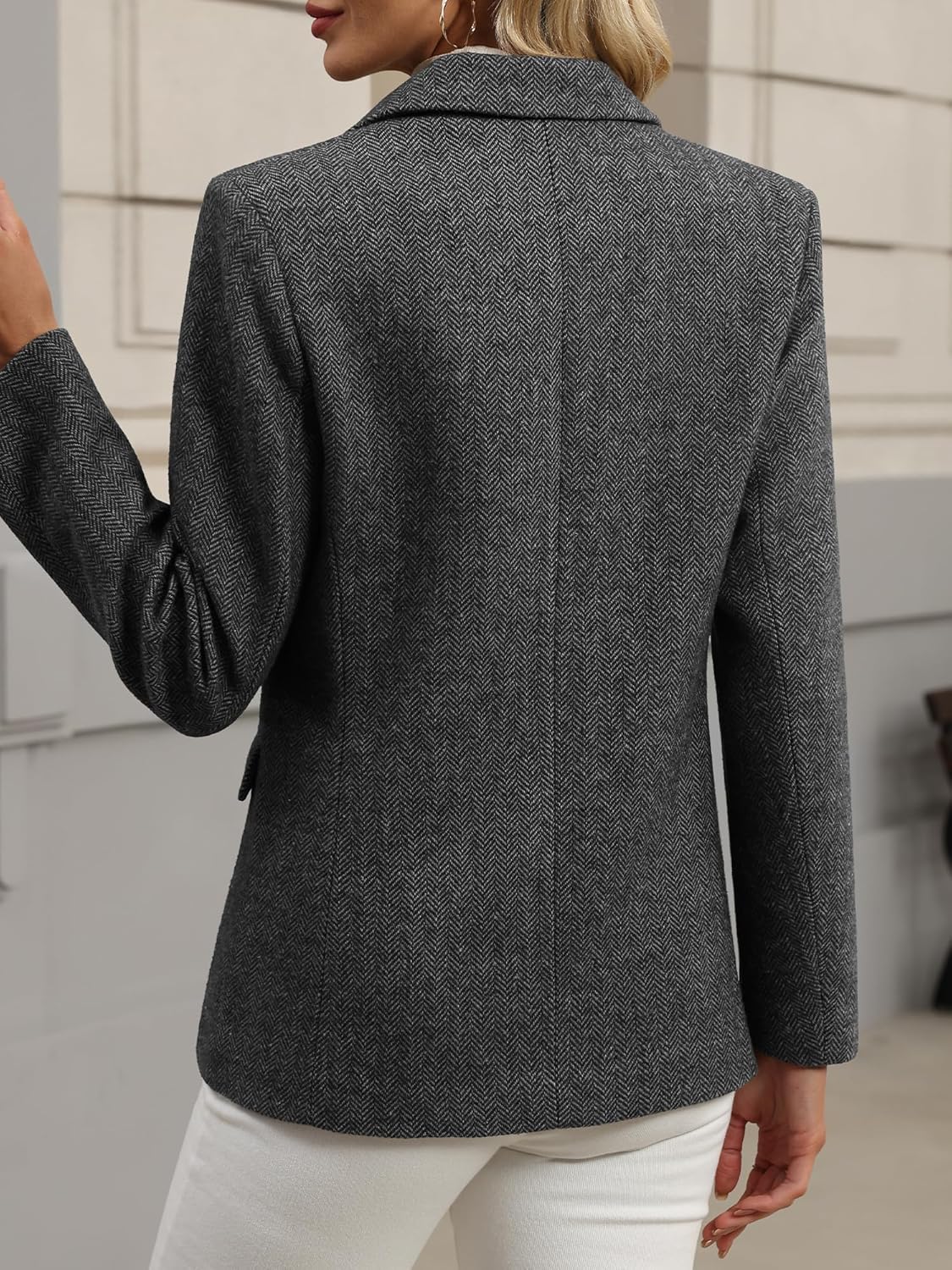 ELLEVEN Womens Wool Blend Tweed Warm Blazers Herringbone Business Casual Fall Winter Oversize Suit Jacket - Image 3