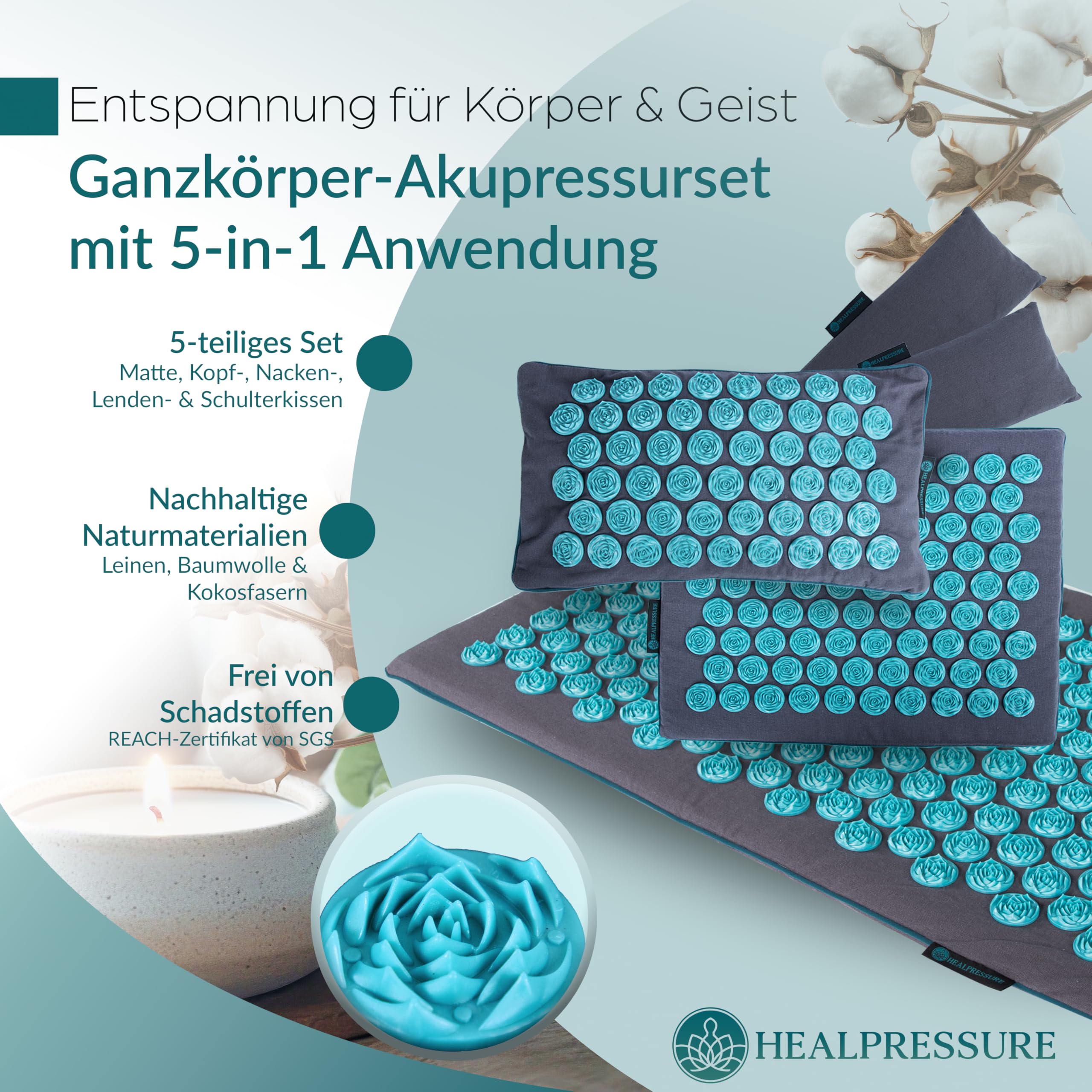 Akupressurmatte Set 5-teiliges Entspannungs-Set aus Naturmaterialien Für Rücken,Nacken,Füße Akupressur-Matte mit 700 Spitzen mit Tragetasche waschbare Bezüge Wellness für Zuhause