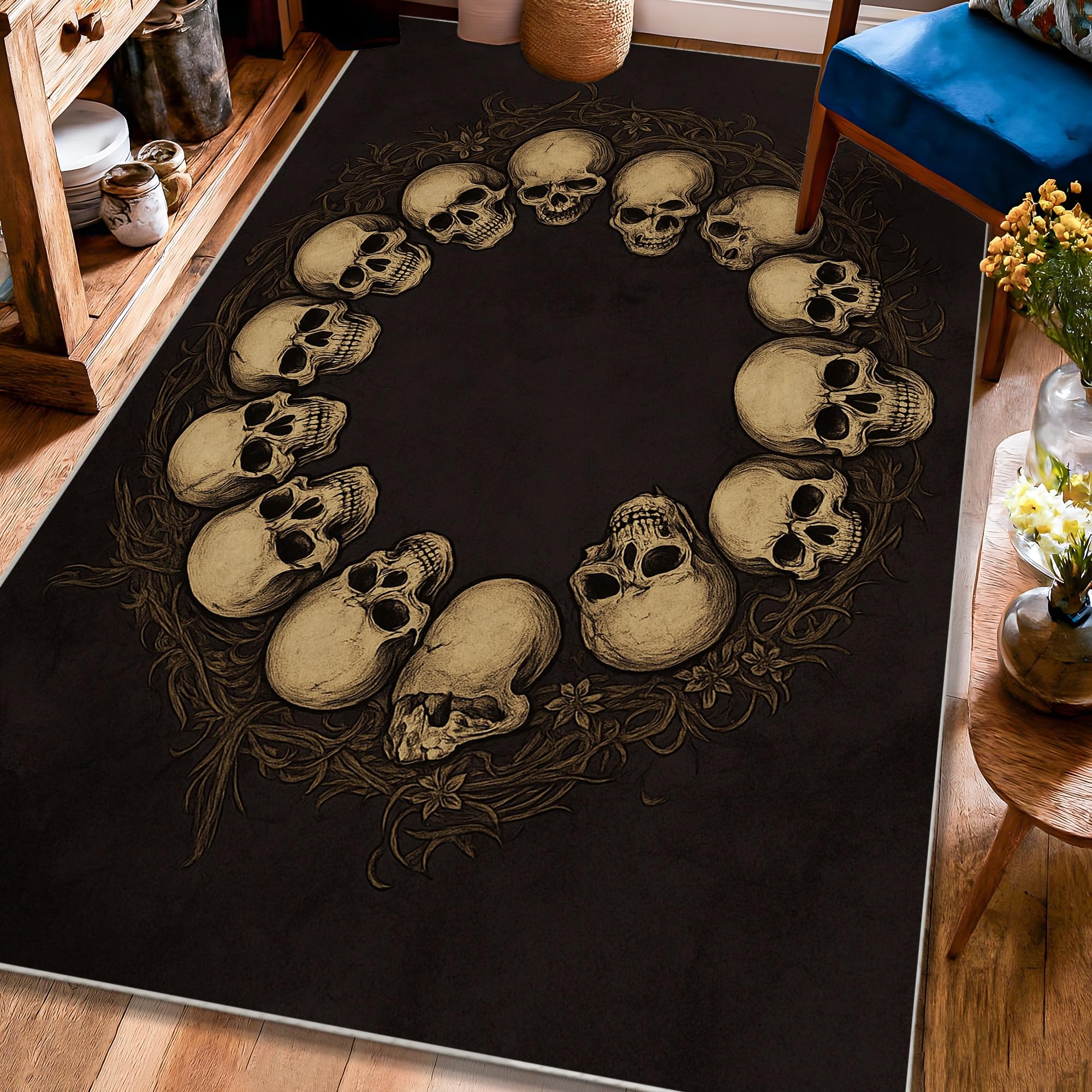 Tapis crânes d'Halloween noir poil court pour salon et chambre 1,2m