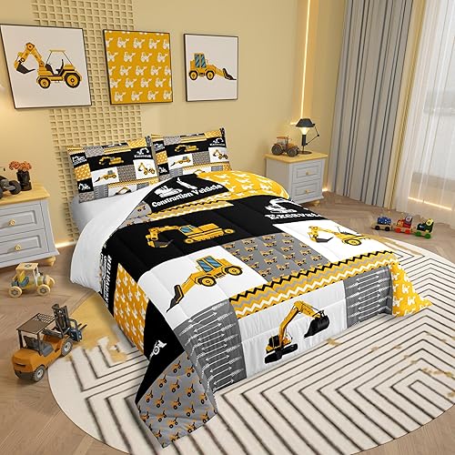 Miniatura 2 de Juego de edredón con diseño de excavadora, vehículos de construcción, equipos, camiones, juego de ropa de cama para niños y niñas, juego de edredón