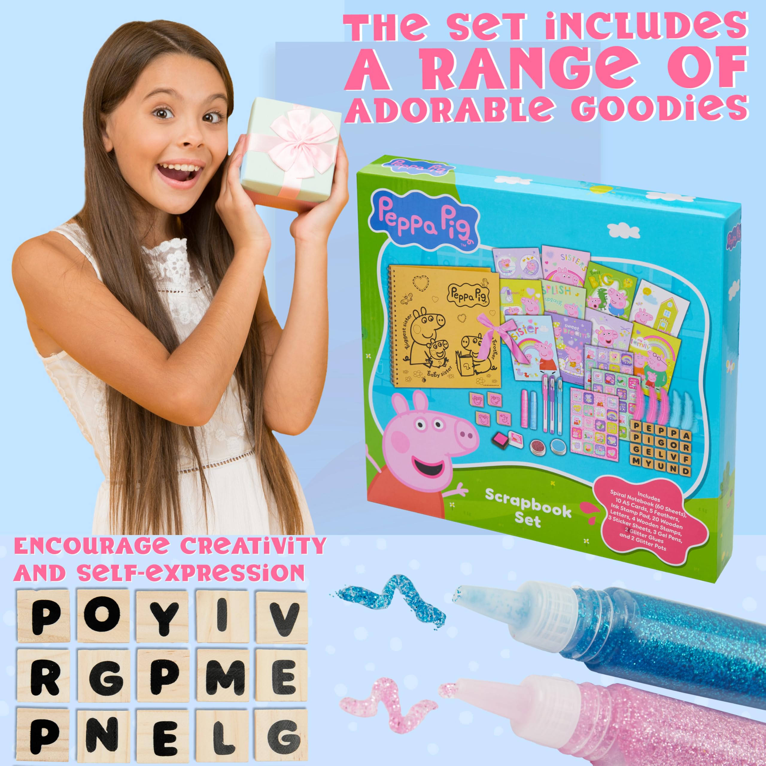 Peppa Pig Kit Scrapbooking Enfant 51 Pièces, Loisirs Créatifs avec Carnet, Autocollants Enfants, Stylos Gel, Paillettes, Tampons et Accessoires