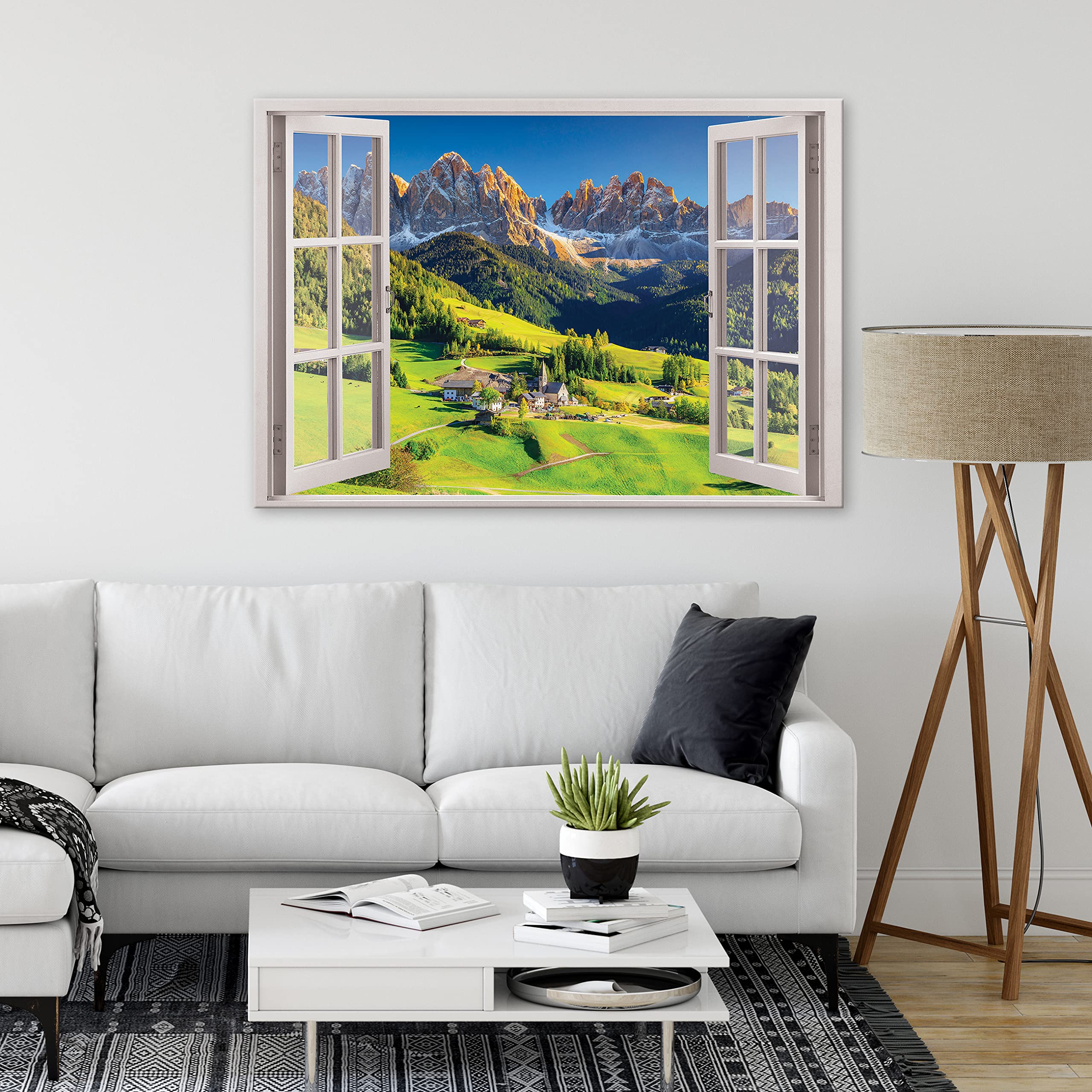 WallArena Leinwand Bilder 120x80 cm | Fensterbilck Fenster Natur Berge Alpen, Leinwandbilder, Bild auf leinwand, Format: 120x80 cm (BxH) - einteilig auf