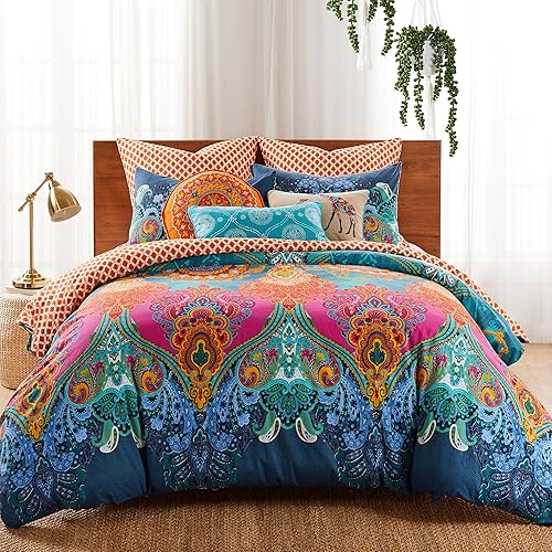 Levtex Home - Juego de funda de edredón Mackenzie - Funda de edredón individual + funda de almohada estándar - Bohemio - Verde azulado, naranja,