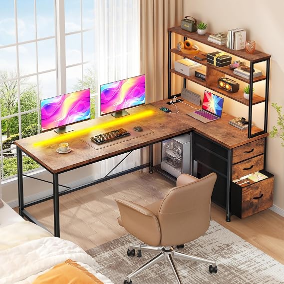 L-Shaped Gaming Desk with LED Lights & Power Outlet, Brown