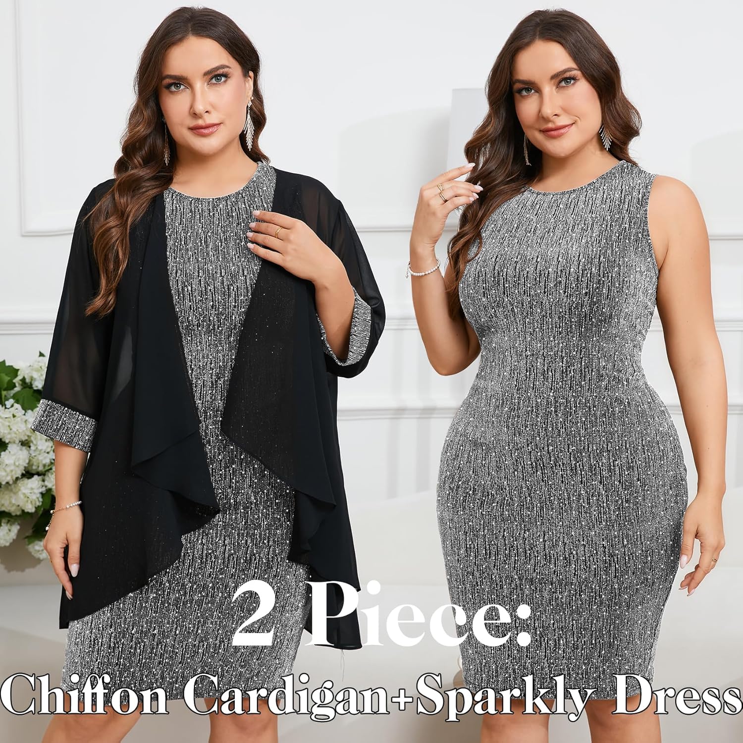 ZOMVA Plus Size Sparkly Formal Dress Suit 2 Piece Mother of The Bride Groom Chiffon Jacket Outfit Cocktail Evening