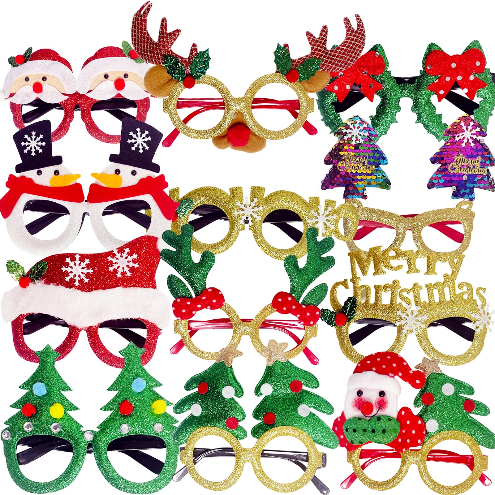 Viaecone 12 Pieces Christmas Glasses, Christmas Party EyeGlasses Frame, Glitter Xmas Creative Eyewear for Holiday Favors for Adults Kids Assorted Styles