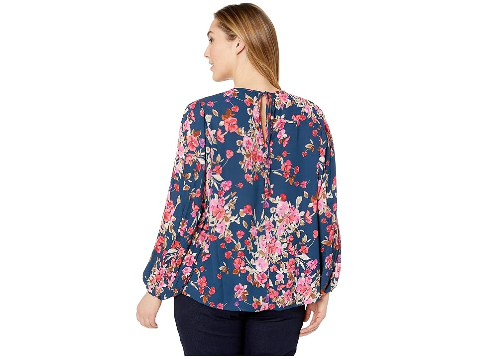 

B Collection by Bobeau Plus Size Kennie Pleated Sleeve Top (Navy Fig Floral) Women's Blouse, Multi