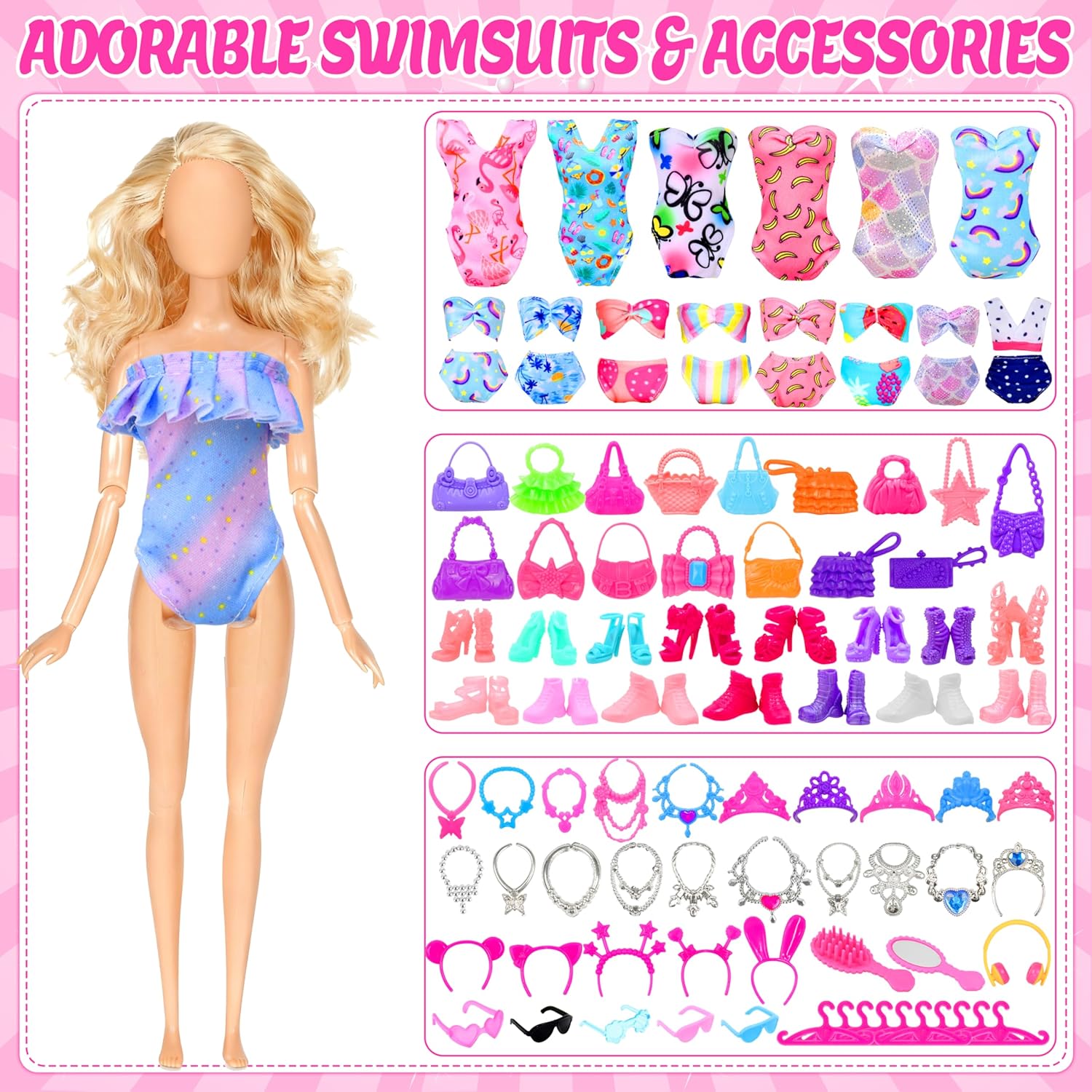 85 Pcs Doll Clothes and Accessories Kit, Include Princess Gowns, Fashion Skirts, Evening Dresseses, Tops, Pants, Bikini Swimsuits, Shoes, Crowns, Necklaces, Glasses in Gift Box for 11"-12" Dolls