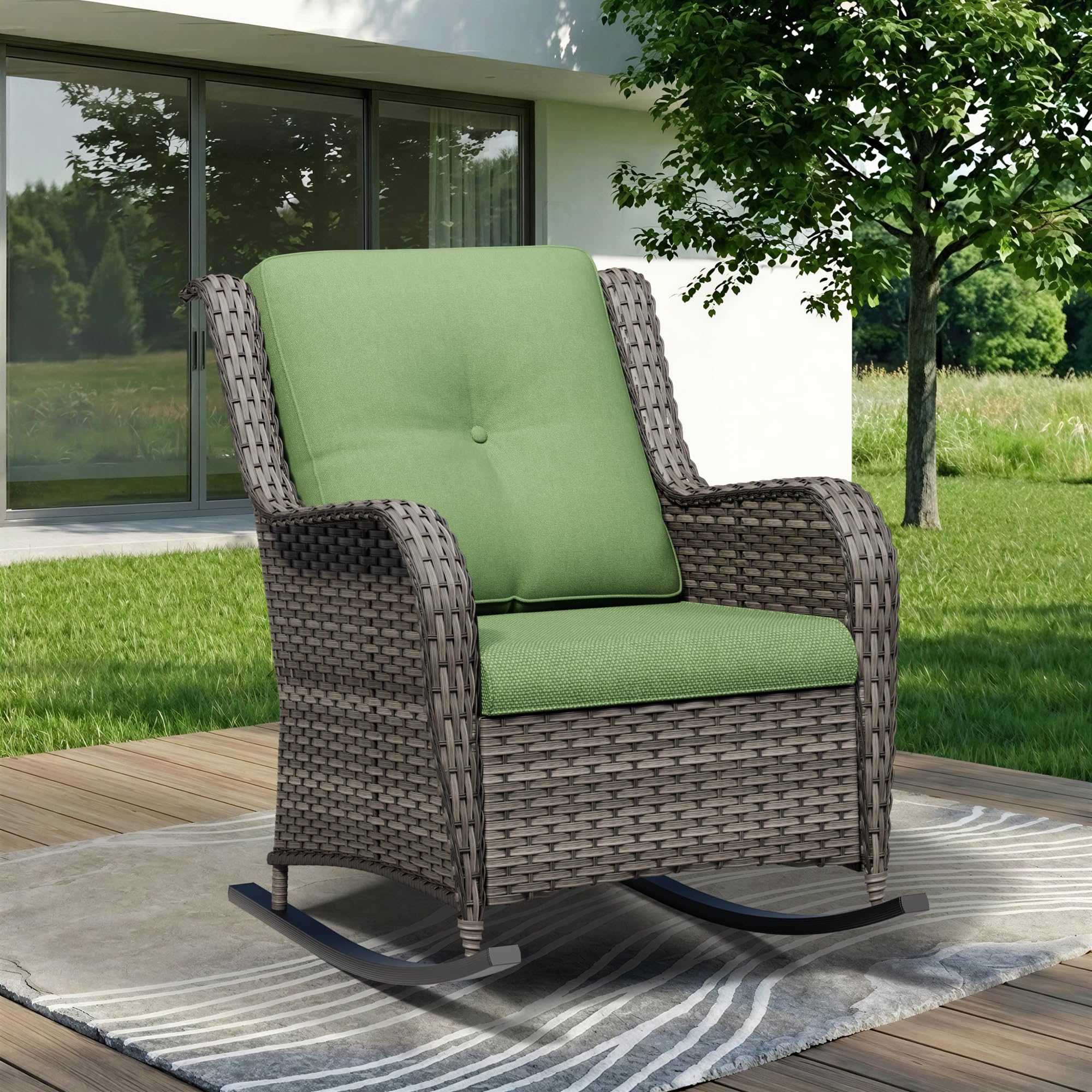 Outdoor Rocking Chair, Wicker Patio Chair with Thickened Olefin Cushions, High Back and Deep Seating, Hand-Woven PE Rattan for Porch, Deck, Balcony, Green