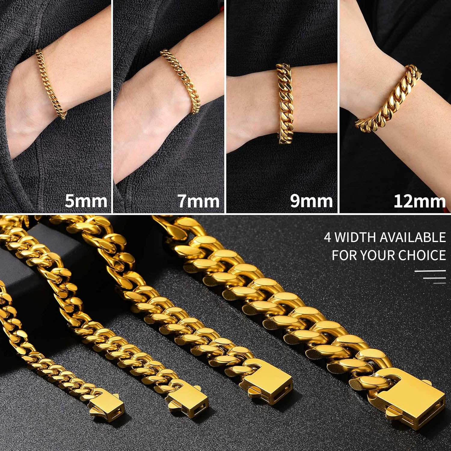 ChainsHouse Stainless Steel Cuban Link Bracelet for Men, 5mm/7mm/9mm/12mm Width, 7.5"/8.3"/9" Length, Black/18K Gold Plated Chain Wrist Bracelets for Men, with Gift Box - Image 3