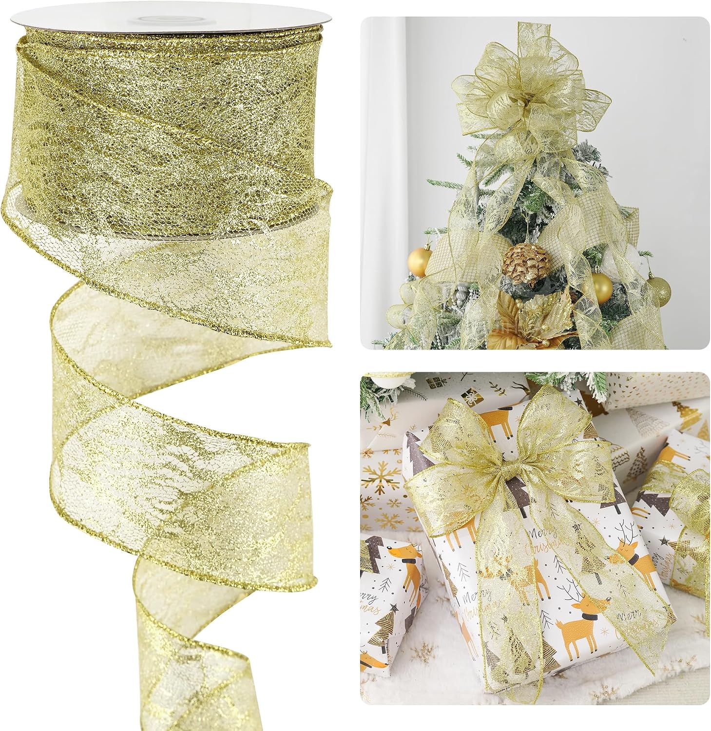 HUIHUANG Lace Wired Gold Christmas Tree Ribbons 2.5 inch Continuous 25 Yds