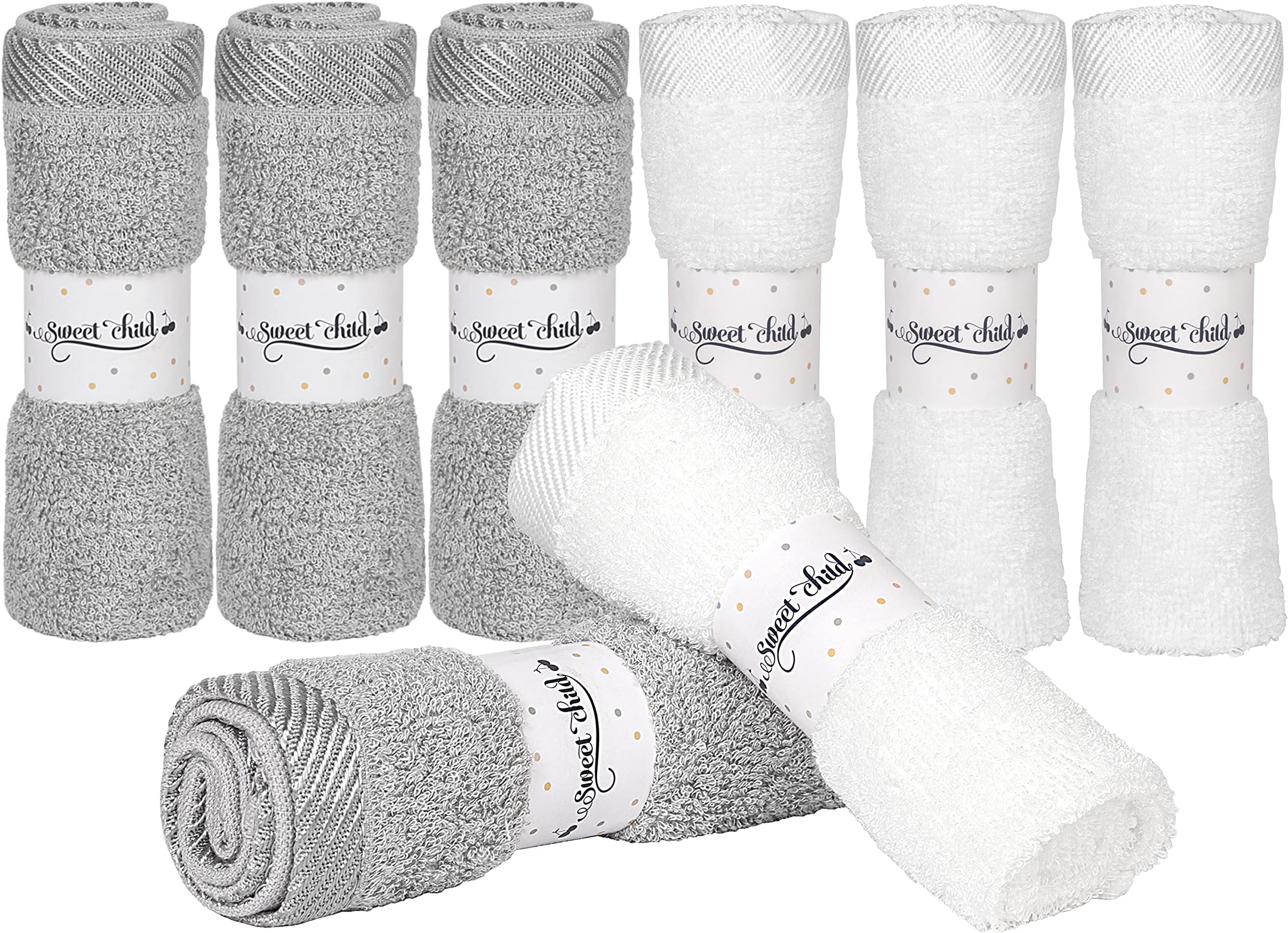 Sweet Child 8-Pack Baby Washcloths -Super Soft Rayon,Wash Cloths for Newborn,Infants and Kids, Bath Baby Towels, for Body and Face (Grey/White)