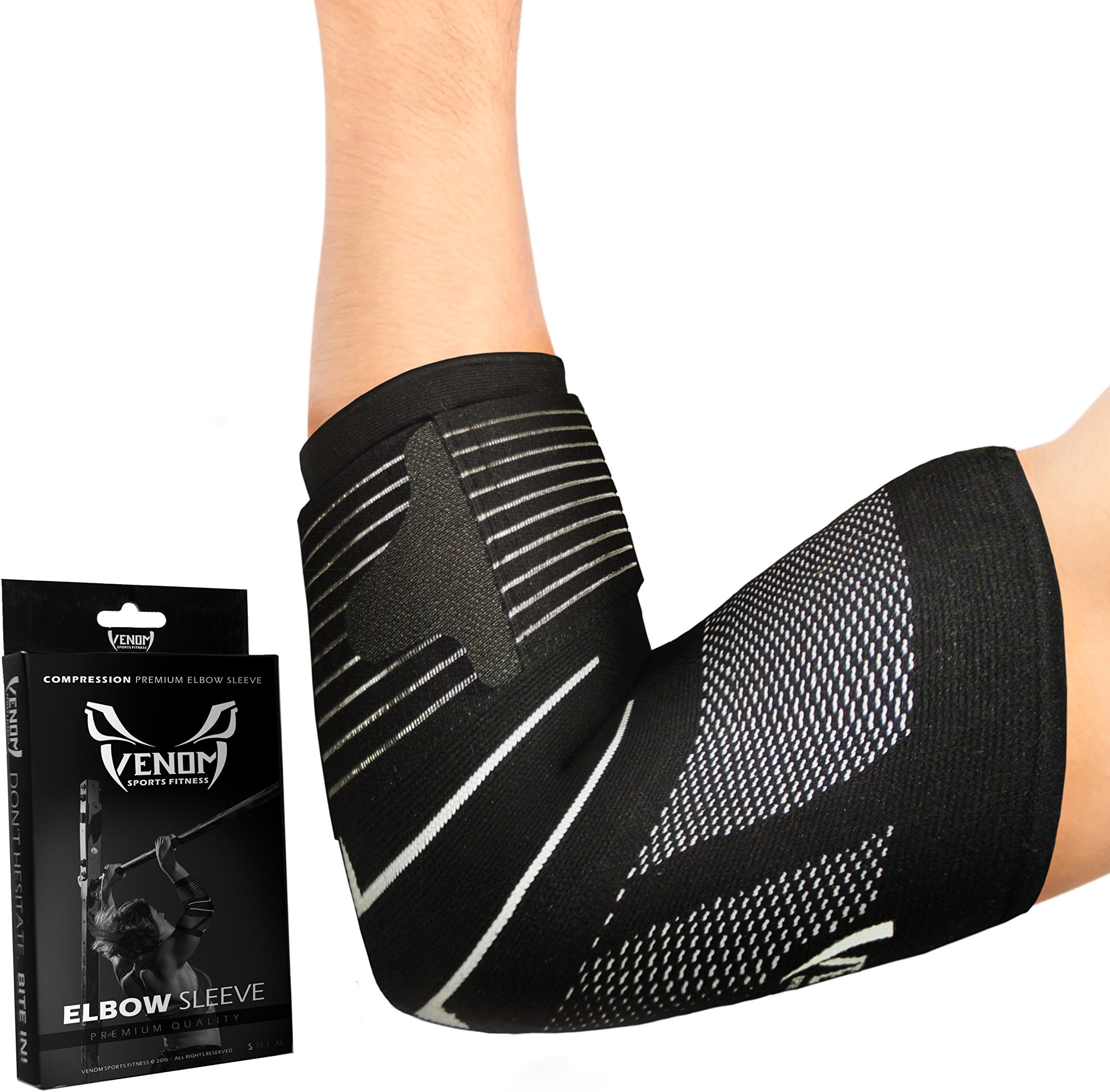 Venom Strapped Elbow Brace Compression Sleeve - Elastic Support, Tendonitis Pain, Tennis Elbow, Golfer's Elbow, Arthritis, Bursitis, Basketball, Baseball, Golf, Lifting, Sports, Men, Women (Medium)