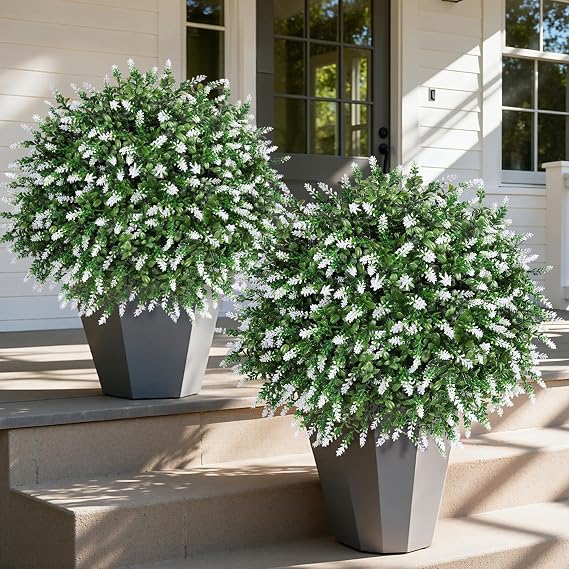 HyeFlora 26'' Artificial Topiary Boxwood Ball Trees with Lavender 2 Pack Fake Plants for Outdoor Indoor Artificial Shrubs with Ground Spike UV Resistant Fake Bushes for Front Porch Garden (White)