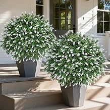 HyeFlora 26 Artificial Topiary Boxwood Ball Trees with Lavender 2 Pack Fake Plants for Outdoor Indoor Artificial Shrubs with Ground Spike UV Resistant Fake Bushes for Front Porch Garden White