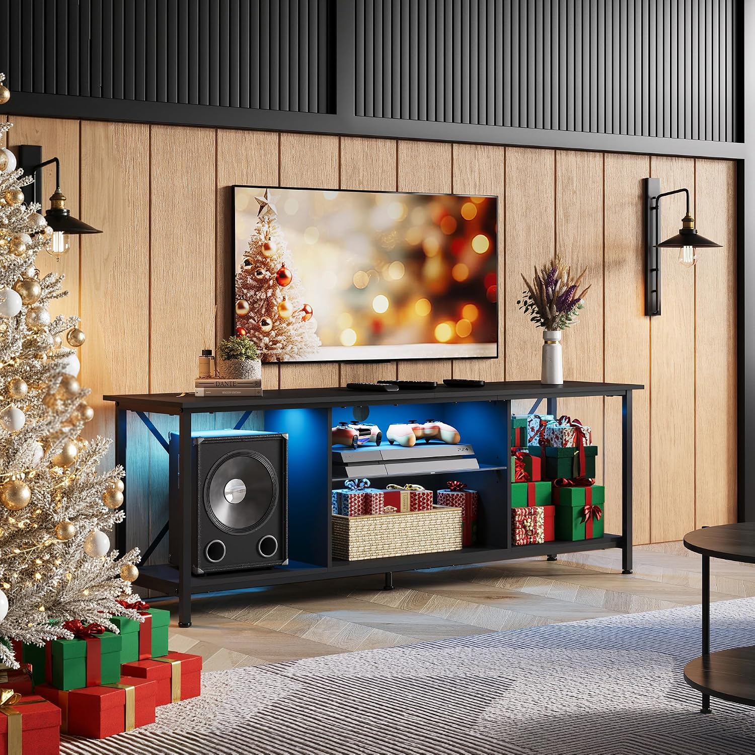 WLIVE Industrial TV Stand with LED Lights in a living room setting