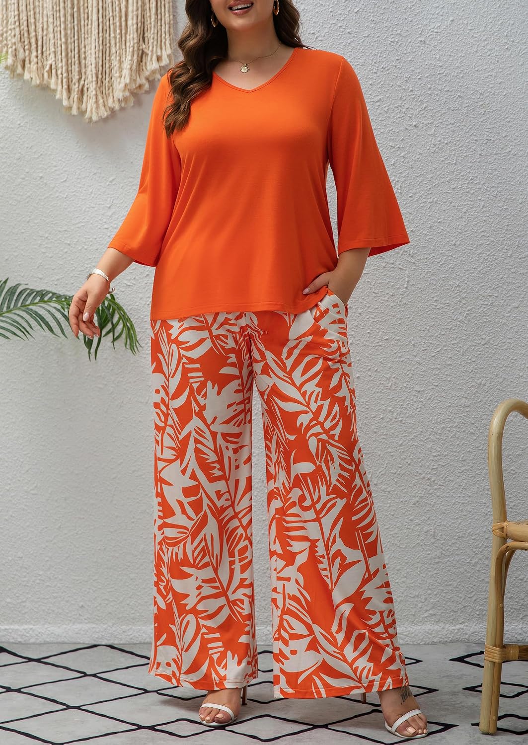 Women's Plus Size 2 Piece Outfits 3/4 Sleeve Tunic Top Floral Print Belted Wide Leg Pant Sets Travel Lounge Set