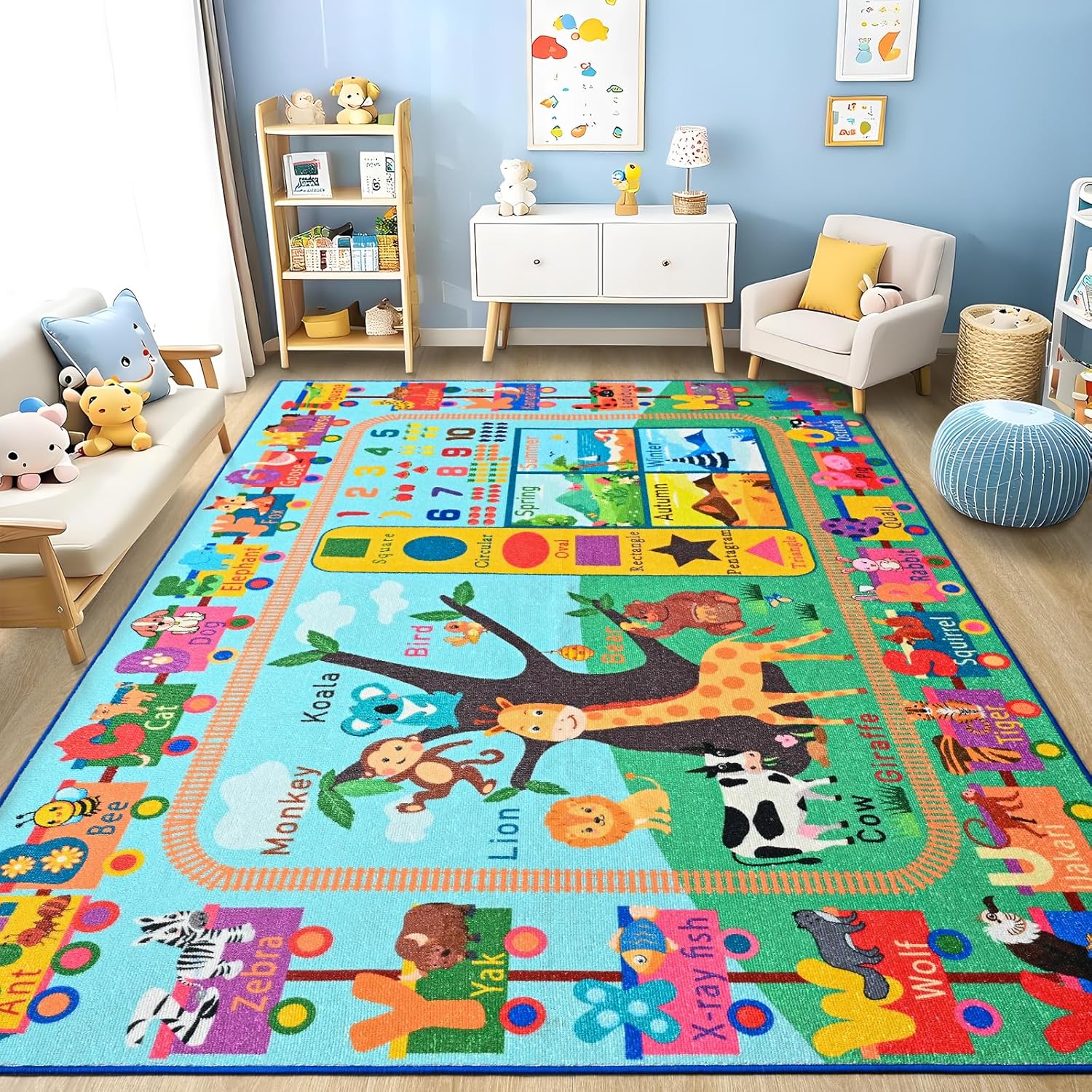 Kids Rug for Playroom, 5x7 ABC Educational Carpet for Classroom, Fun Alphabet Area Rugs for Learn Numbers Season Animal Weather and Shapes Playmat for Girls Boys Room Nursery Decor