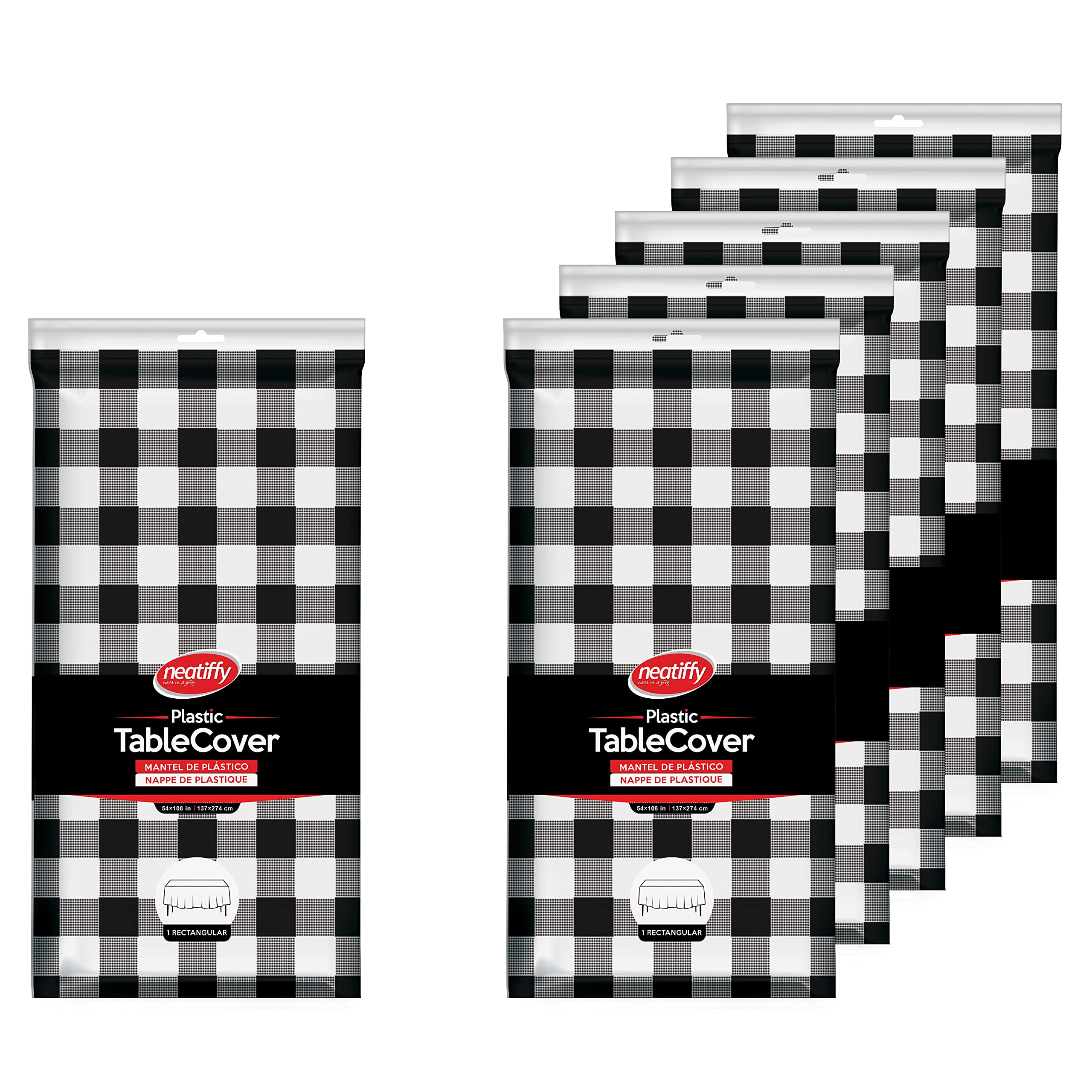 Neatiffy Black Checkered 54 In X 108 Inch 6Pack Rectangle Plastic Table Cloth | Waterproof Disposable/Reusable Tablecloth | Table Cover For Picnic, Party, Banquet, Birthdays