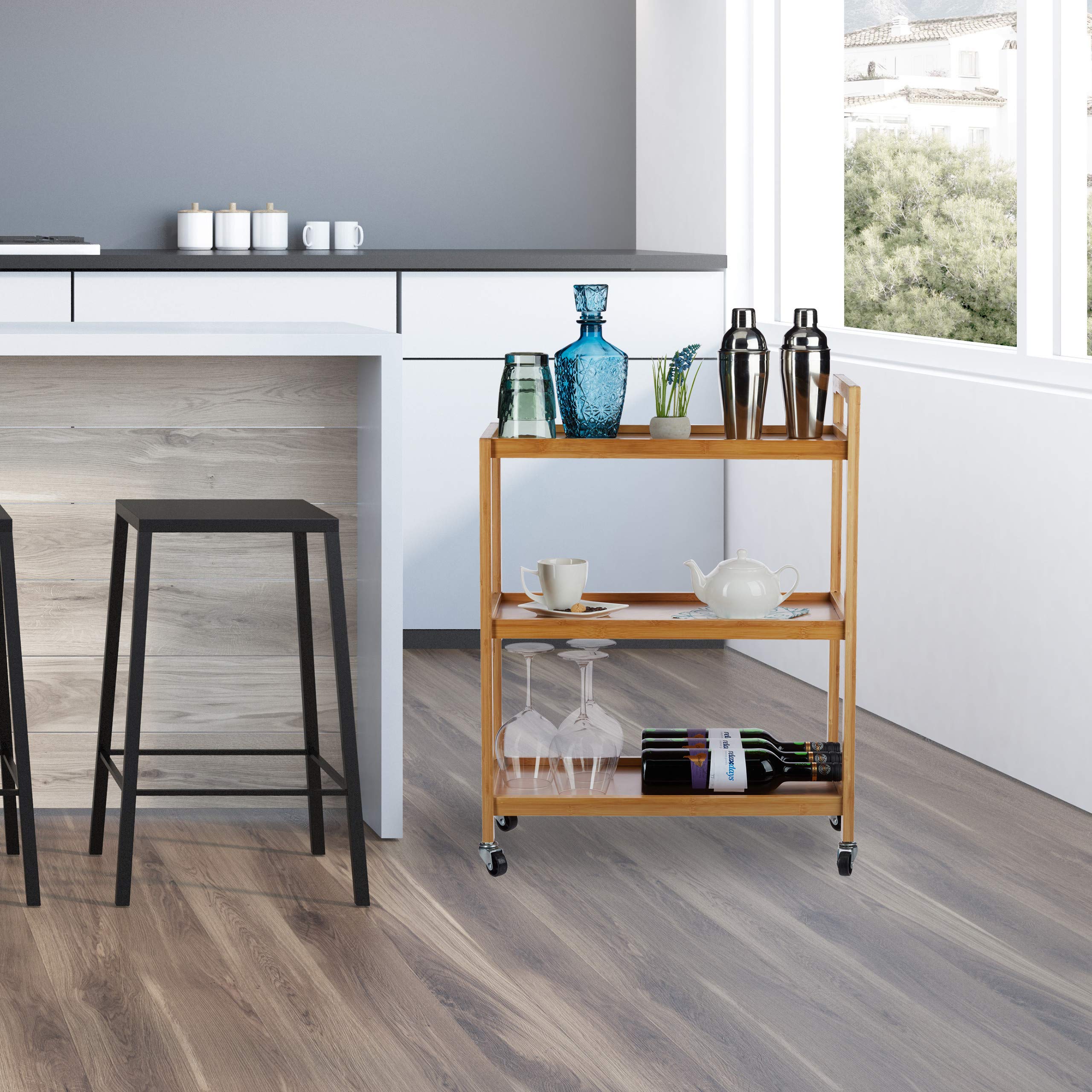 Relaxdays Carrellino Portavivande In Bambù, 3 Ripiani, Design Naturale, Rotelle Girevoli a 360°, Carrello Mobile, HxLxP: 76x58x30 cm, Marrone