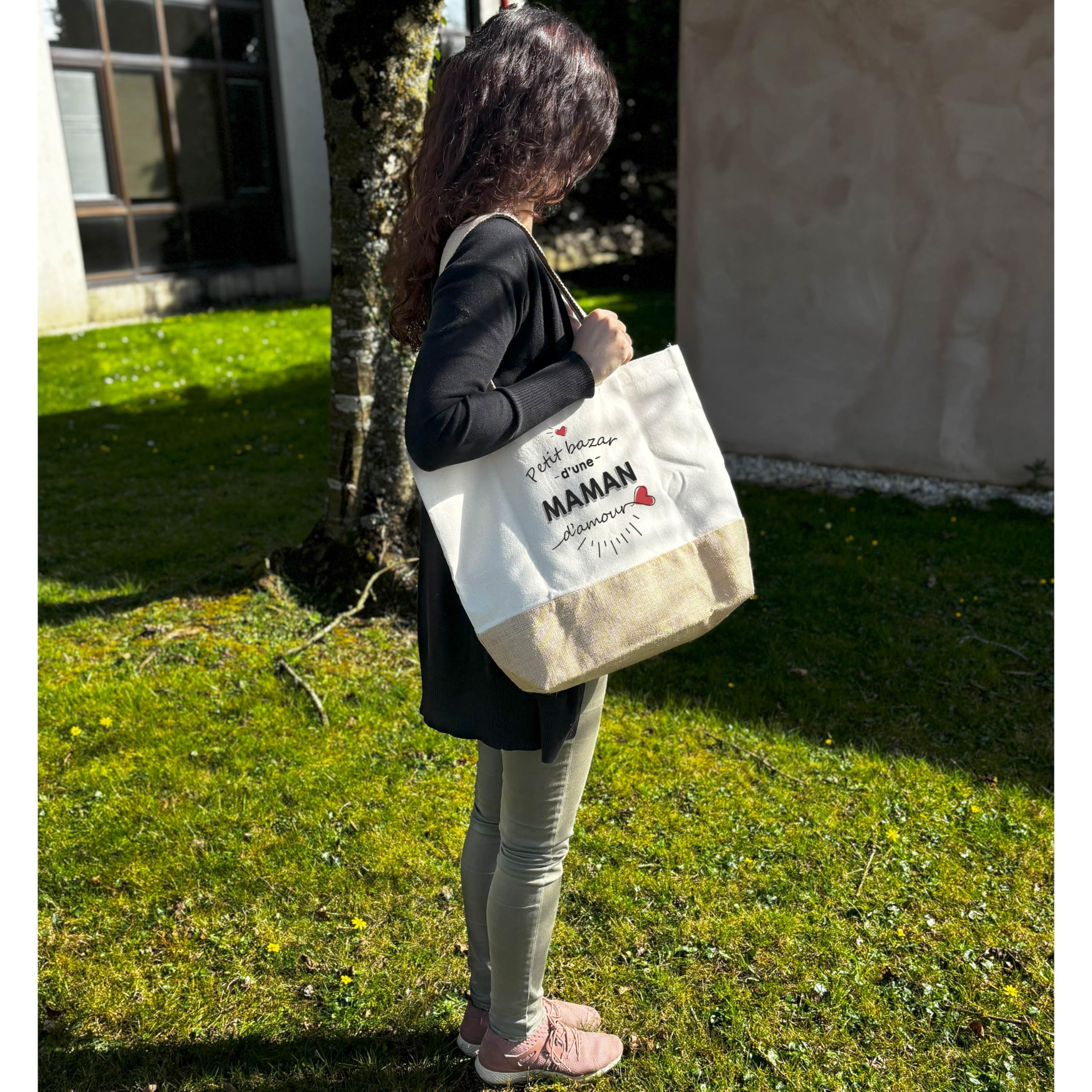 Planetee Sac Maman d’Amour | Grand Cabas en Toile de Jute pour Courses ou Sorties, Idéal Plage, Cadeau Original pour Maman, Anniversaire ou Fête des Mères