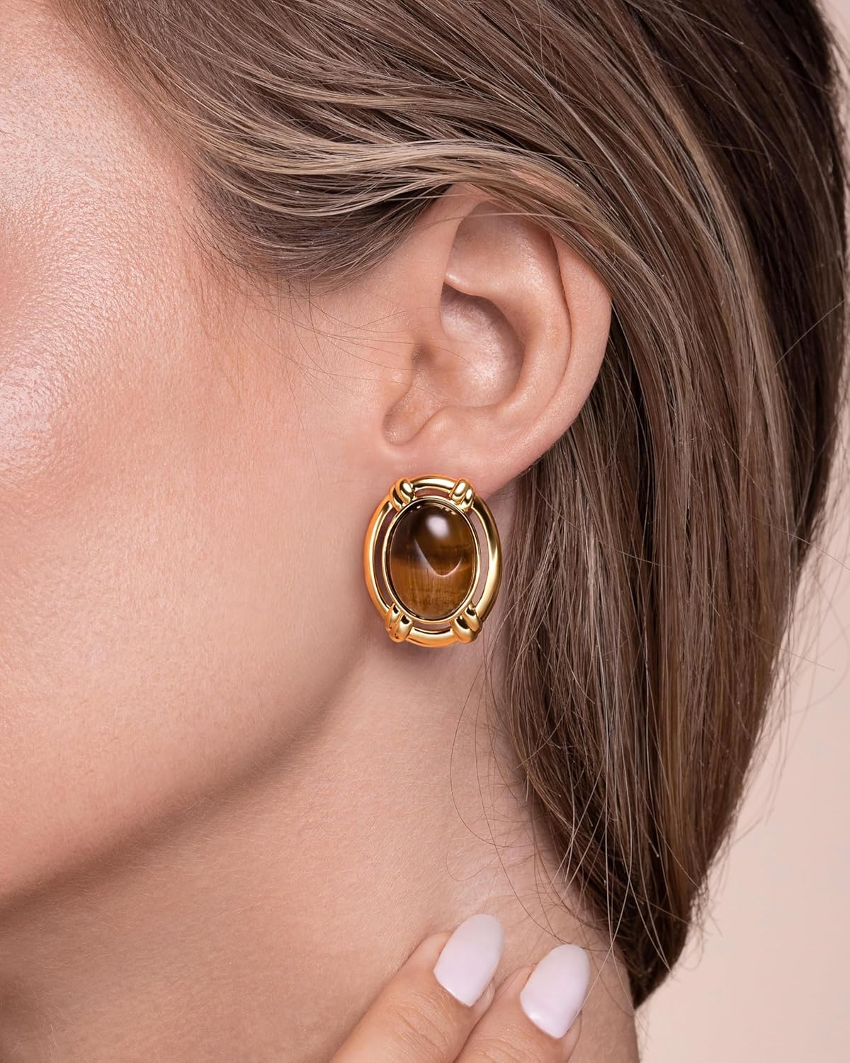 Large Oval Button Chunky 18K gold plated Tiger Eye Gemstone Statement Earrings for Women by SNGIA, Big Brown Amber Bold Handmade Exaggerated Dome Retro Rounded Button Half Ball Trendy Bohemian Jewelry Gifts, Unique Baroque Stone Summer Beach Fashion Earrings Accessories, Round Thick Circular Nickle Free Huggies Earrings. - Image 4