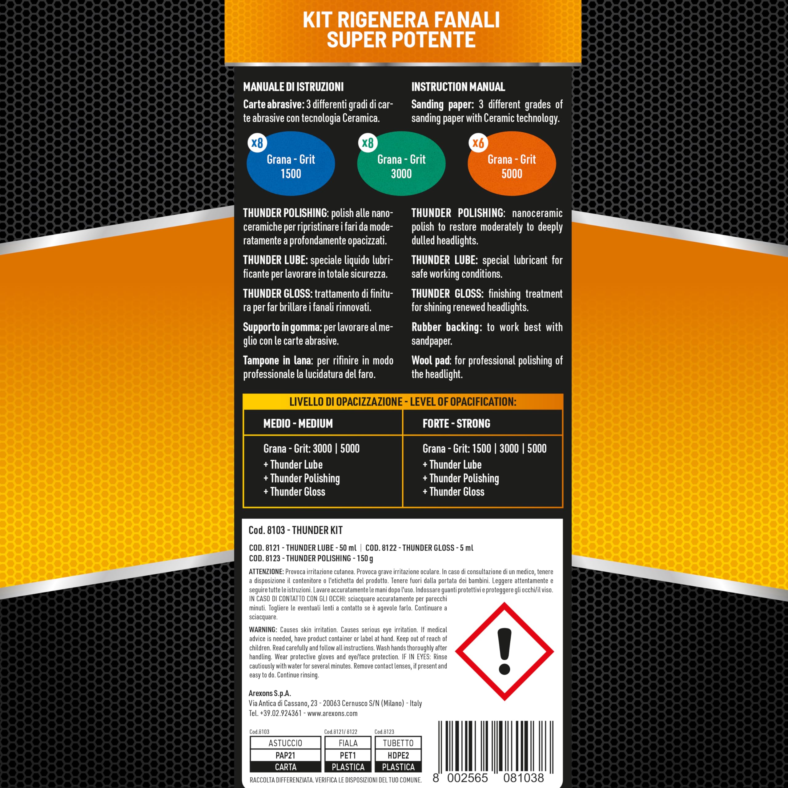 Arexons Car Care Pro THUNDER - Kit Ultra Lucidante Rinnova Fanali, Ripristina la Trasparenza dei Fari, Pasta alle Nano Ceramiche, Lubrificante, Liquido Lucidante e Carte Abrasive