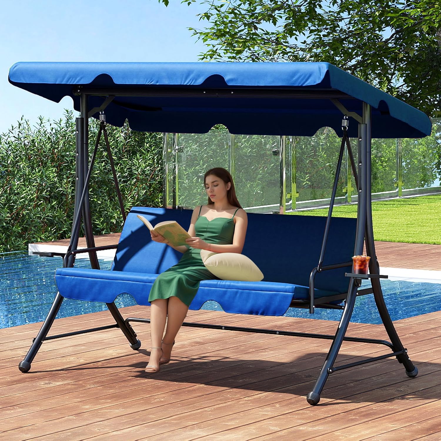 3 Seat Patio Swing with Canopy, Outdoor Porch Swing with Stand for Adults, Glider Swings for Outdoors with 2 Side Table, 2-in-1 Convertible Swing Chair for Patio, Garden, or Backyard (Blue)