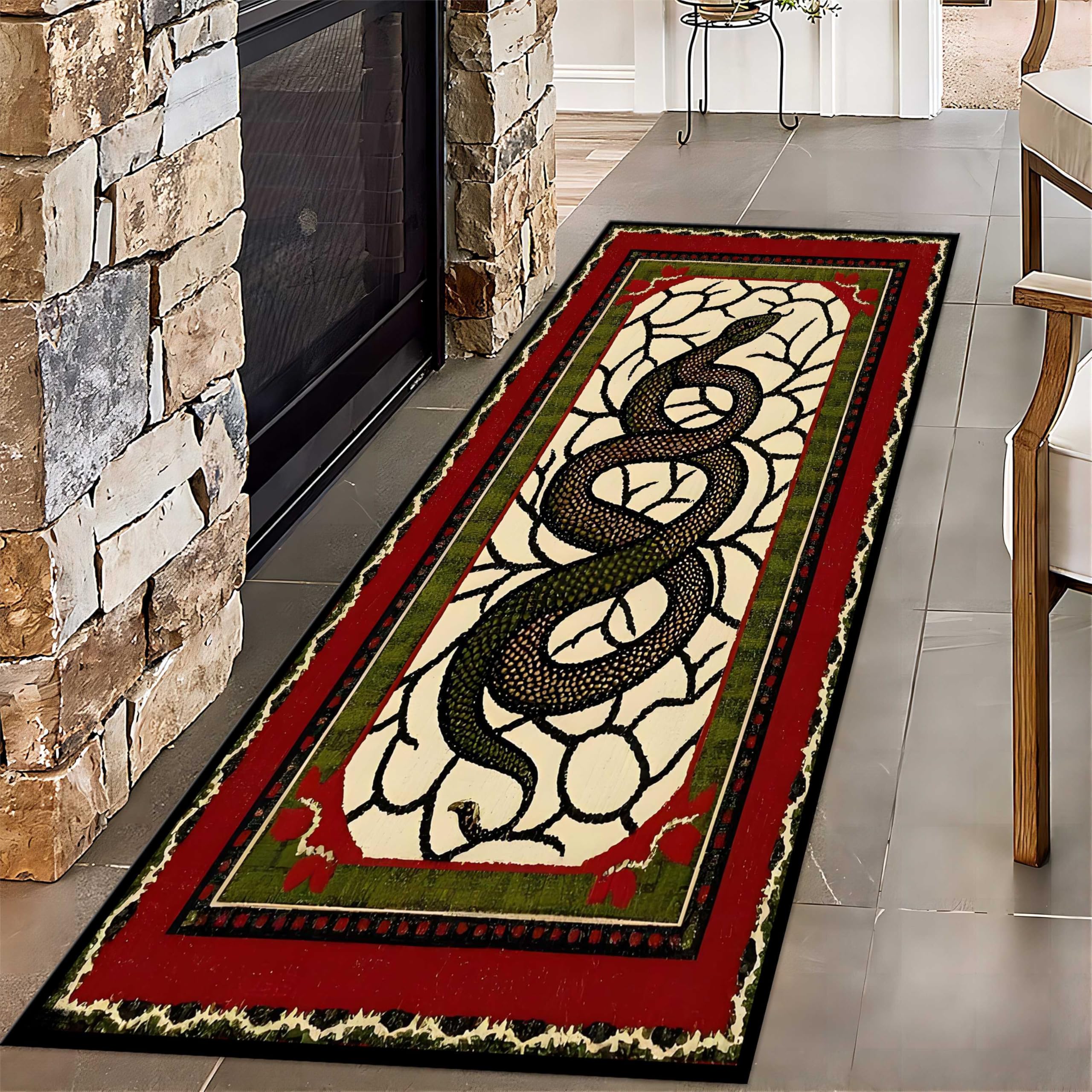 Arzunsy Red Snake Runner Rug 2x7ft - Vintage Green Border Print, Stain-Resistant Washable Rug for Kitchen, Office, Bedroom Decor