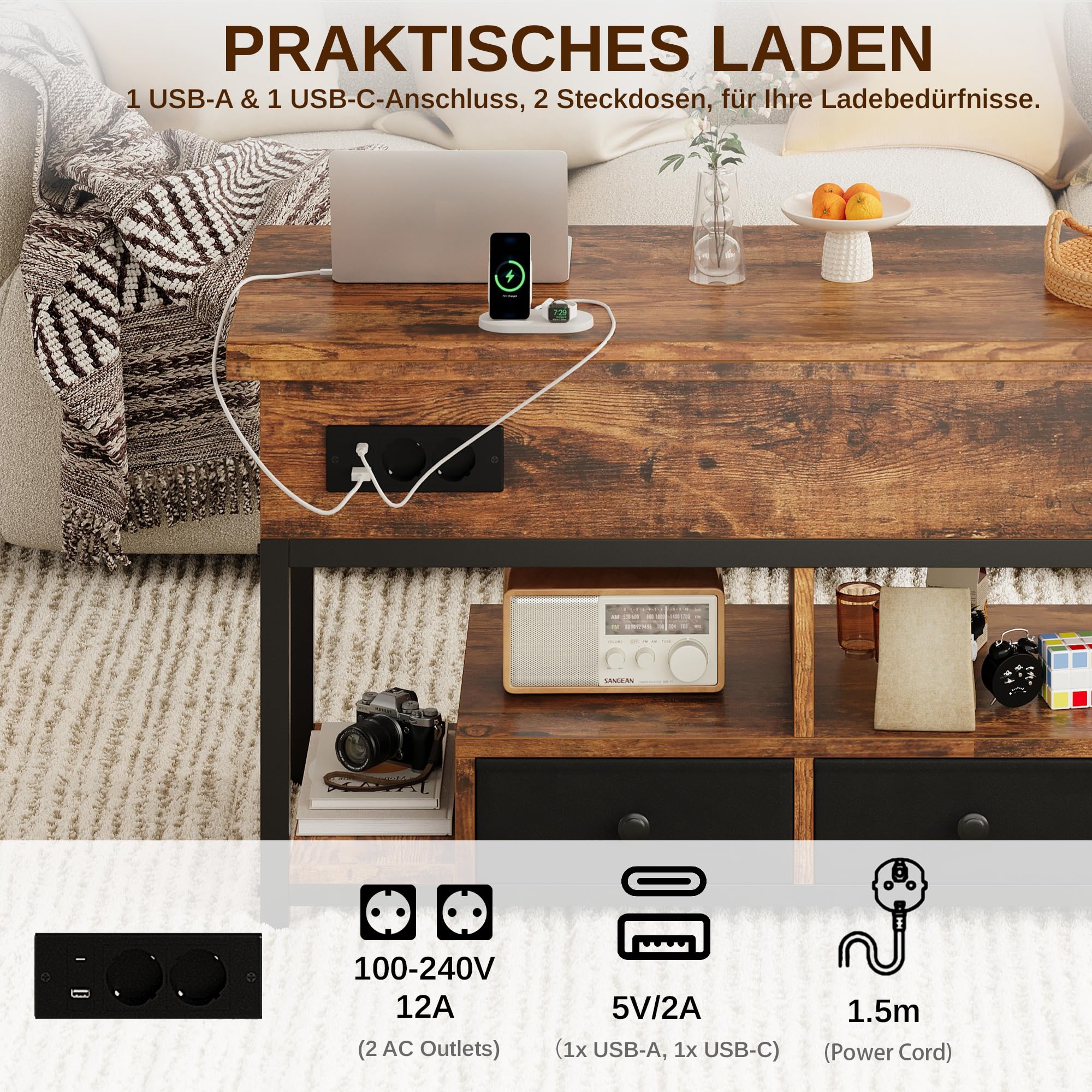 IRONCK Couchtisch Höhenverstellbar, LED Wohnzimmertisch mit Steckdosen, 2AC+USB+USB‑C, Kaffeetisch Holz, 2 Schubladen, Umwandelbar Esstisch 100×80cm (Vintagebraun)
