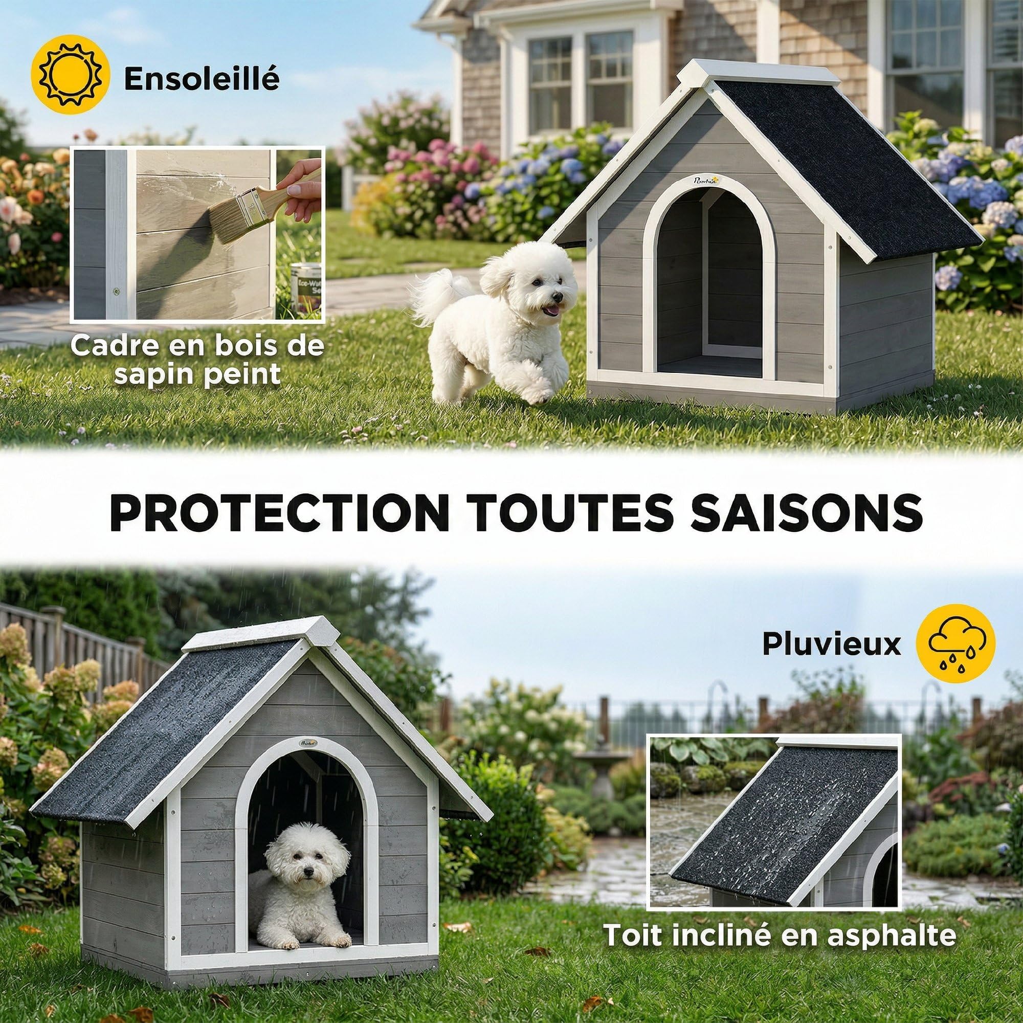 PawHut Niche pour Chien Extérieur en Bois Ouvrant 84x101x86 cm Gris/Blanc | Nettoyage Facile, Toit Bitumé Étanche, Villa Scandinave Surélevée