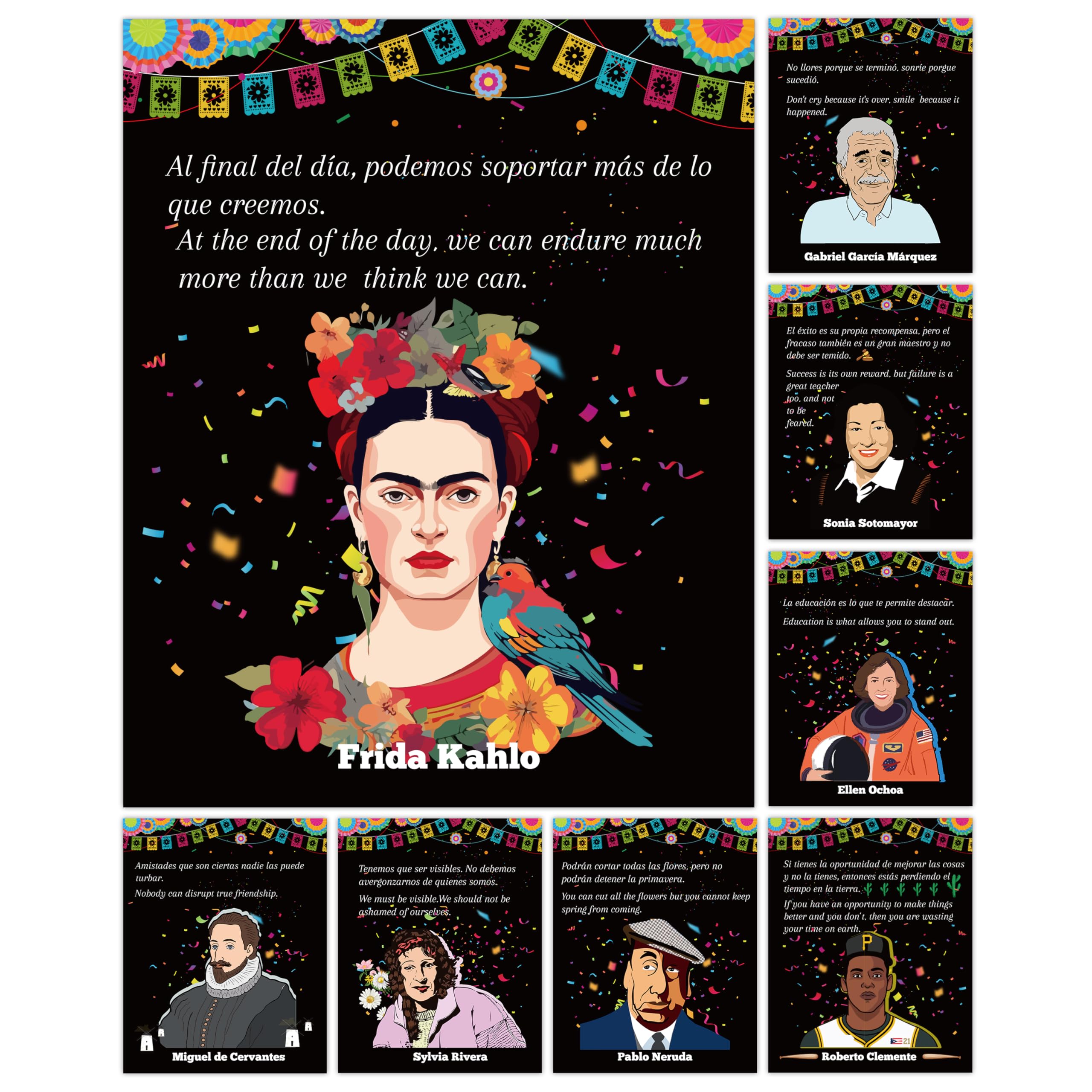 Fiupan Spanish English Inspirational Classroom Poster - 8Pcs Back to School Hispanic Motivational Quotes Art Decoration, Hispanic Heritage Month Celebrating Gift Unframed Artwork for Class Home Office