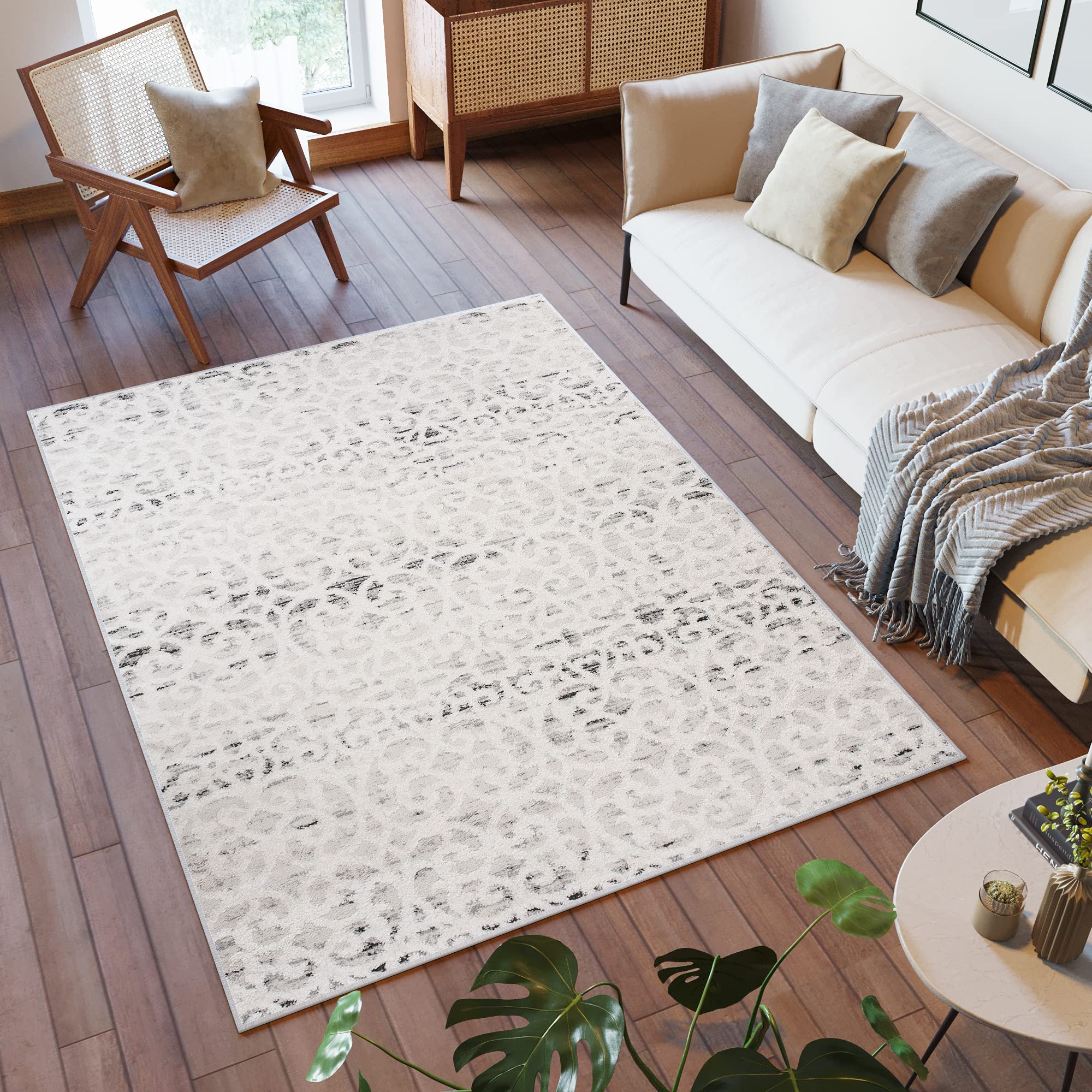 Tapiso Troya dywan z krótkim włosiem, nowoczesny, geometryczny, marokańska kratka, wzór kwiatowy, nakrapiany, ecru, beżowy, do salonu, Ökotex 120 x 170 cm