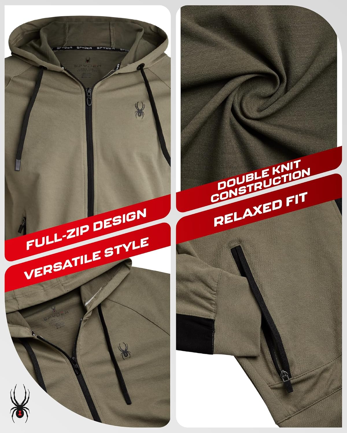 Spyder Mens Zip up Hoodie - Athletic Tech Double Knit Full Zip Gym & Workout Hoodies for Men with Side Pockets - Image 2