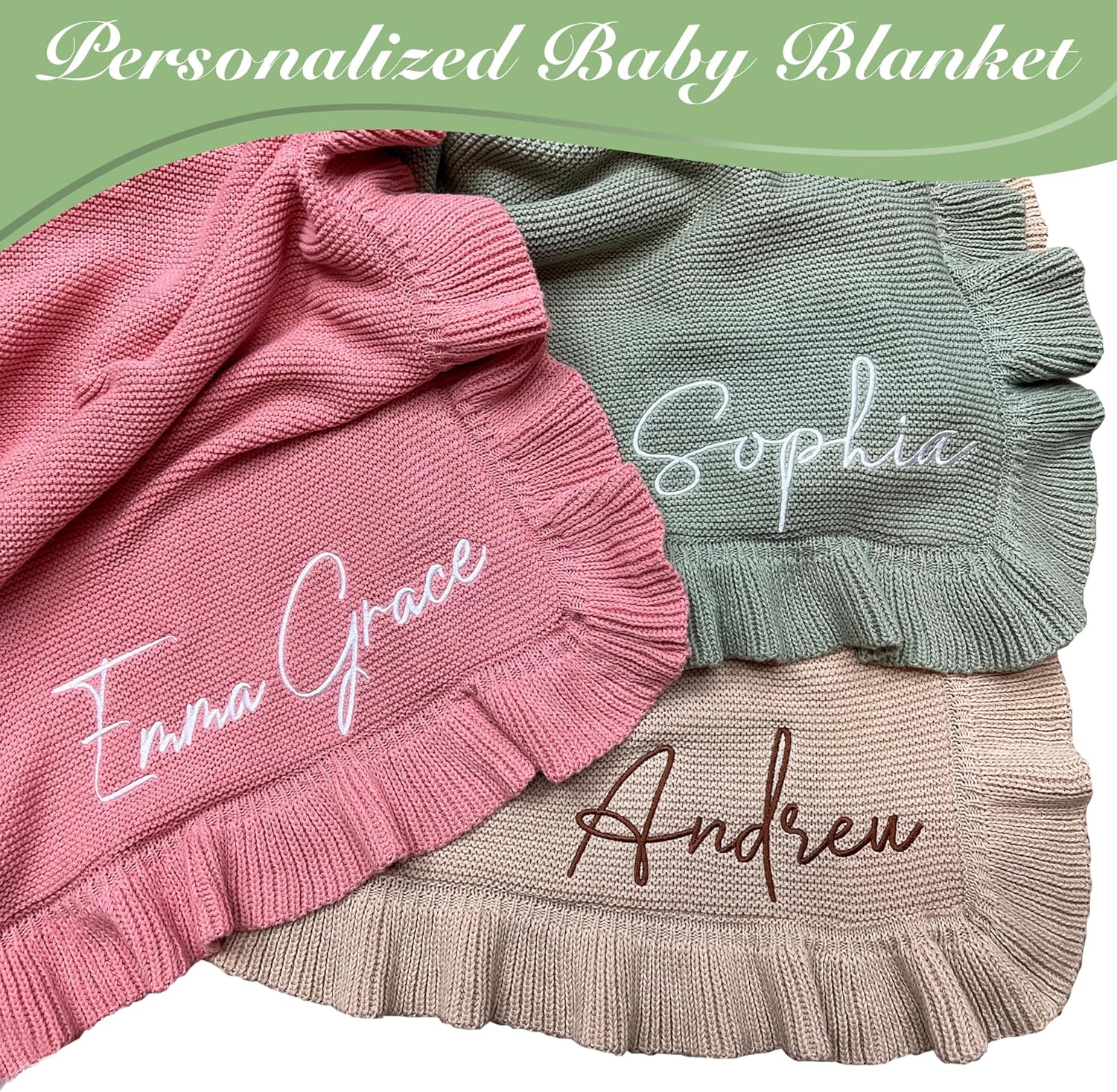 Knit – 30x40in Personalized Baby Blanket for Newborn Girl and Boy – Custom Blanket with Name Embroidery – Soft Knitted Baby Blanket – Custom Baby Gifts for Baby Shower (Sage)