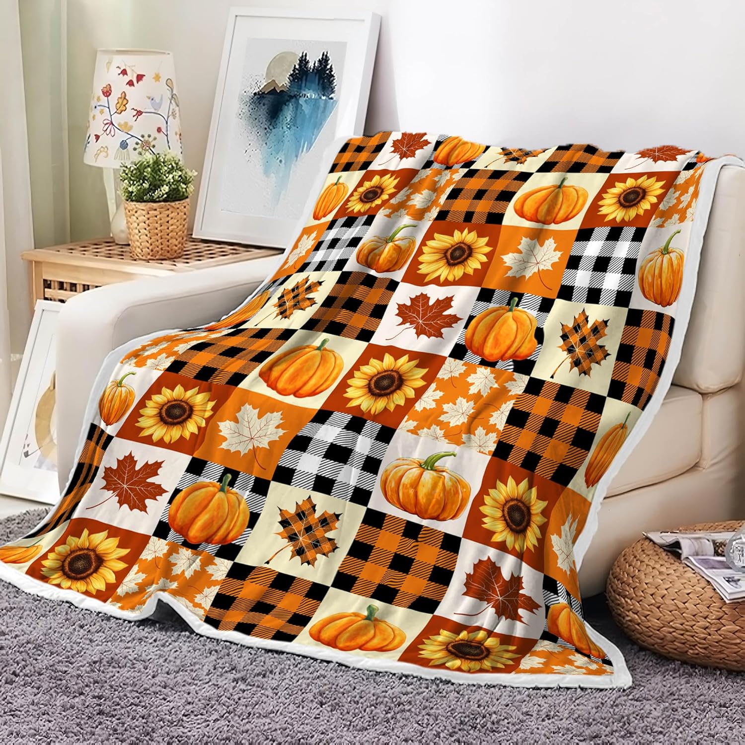 Fall Throw Blanket Pumpkin Leaf & Maple Leaf Autumn Blanket, Soft Flannel Cozy Blanket for Couch, Sofa, Bed, Thanksgiving Halloween Decor Gift for Women, Men, Kids