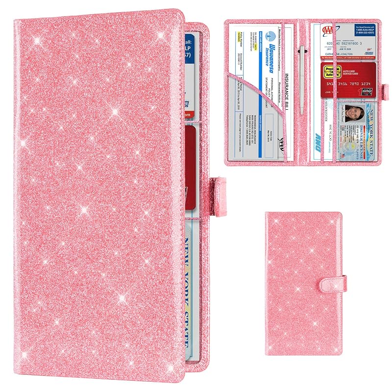 Porta-Documentos Automotivo TOURSUIT para Registro e Seguro, com 6 Compartimentos, Fecho Magnético, T Glitter Pink