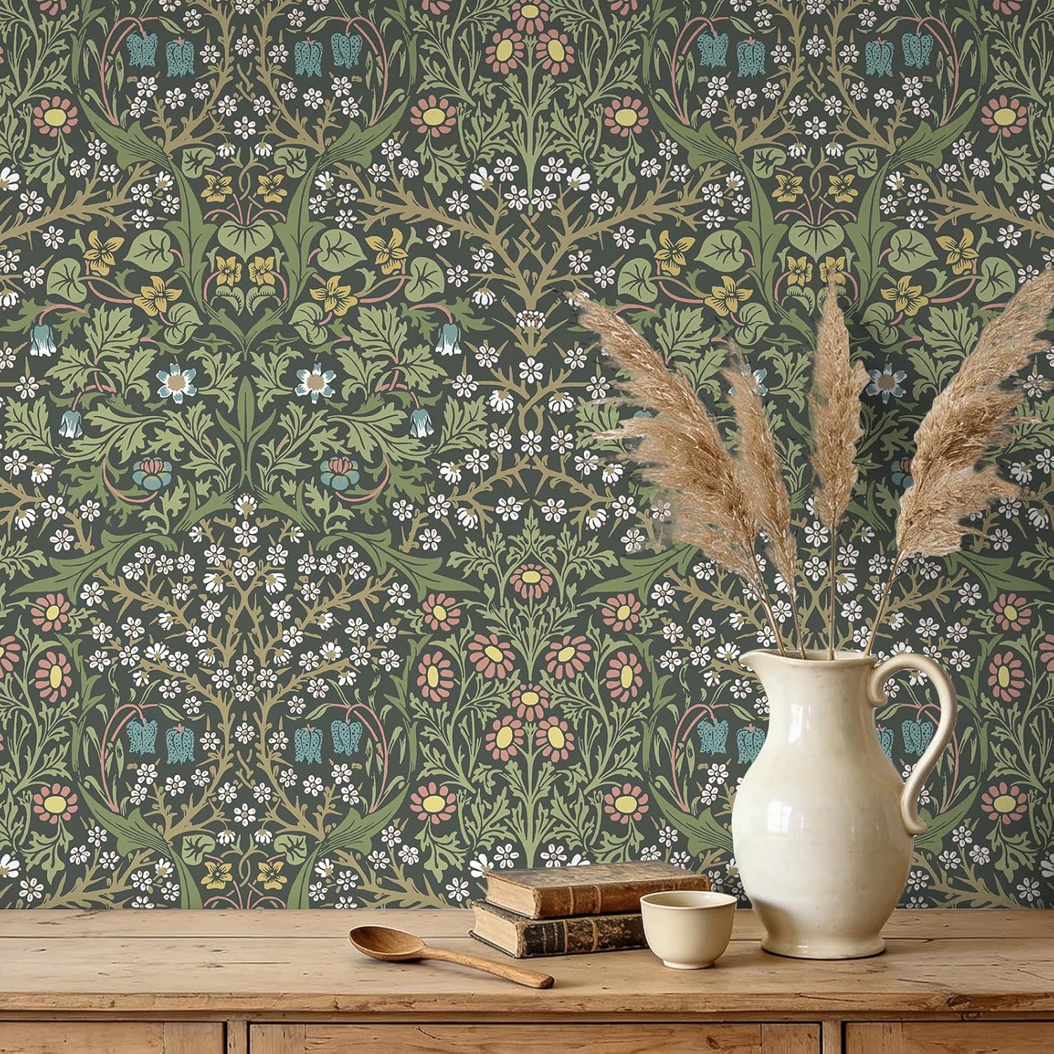 VEELIKE Victorian Meadow Floral Peel and Stick Wallpaper Vintage Blackthorn William Morris Wallpaper 17.7''x354'' Self Adhesive Renter Friendly Botanical Wall Paper for Bedroom Bathroom Accent Walls