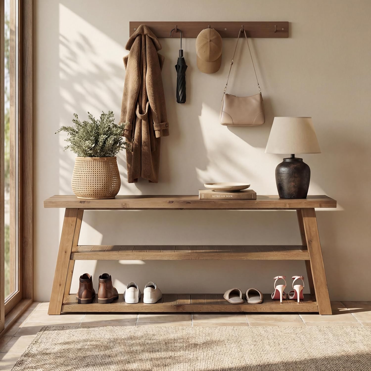 63" Solid Wood Entryway Bench with Storage, 3-Tier Long Farmhouse Wooden Indoor Shoe Rack Bench with Open Shelves for Hallway, Foyer, Entrance, Mudroom (Rustic Brown) - Image 3