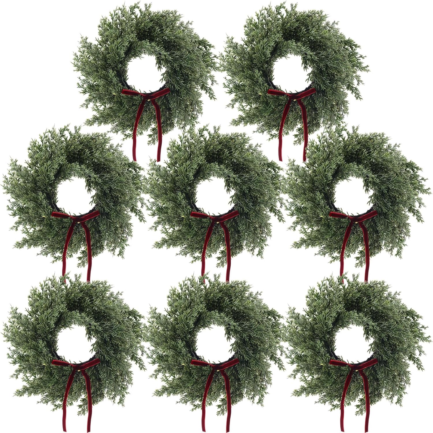 6 Set 12 Inches Christmas Pine Wreath with Red Bow Cedar Wreaths Realistic Christmas Decorations for Holiday Xmas Wall, Window, Outdoor Indoor