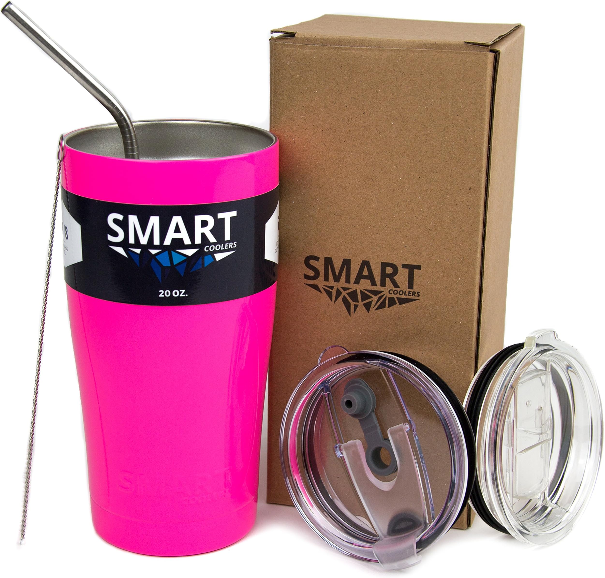 Smart Cooler 20 Oz. Sweat Free Ultra-Tough Double Wall Stainless Steel Tumbler Cup with Leak-proof Heavy Duty Tumbler Lids (Slide Lid & Flip Lid), Straw, & Cleaning Brush - Neon Pink